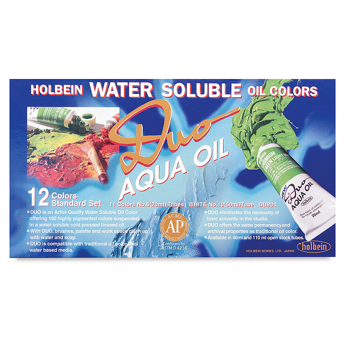 Holbein Duo Aqua Water Soluble Oils - Assorted, Set of 12 colors, 20 ml tubes front of package Holbein Duo Aqua Water Soluble Oils - Assorted, Set of 12 colors, 20 ml tubes front of package