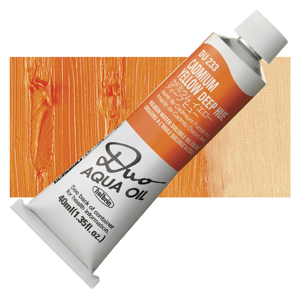 Holbein Duo Aqua Water Soluble Oil - Cadmium Yellow Deep Hue, 40 ml tube and swatch Holbein Duo Aqua Water Soluble Oil - Cadmium Yellow Deep Hue, 40 ml tube and swatch