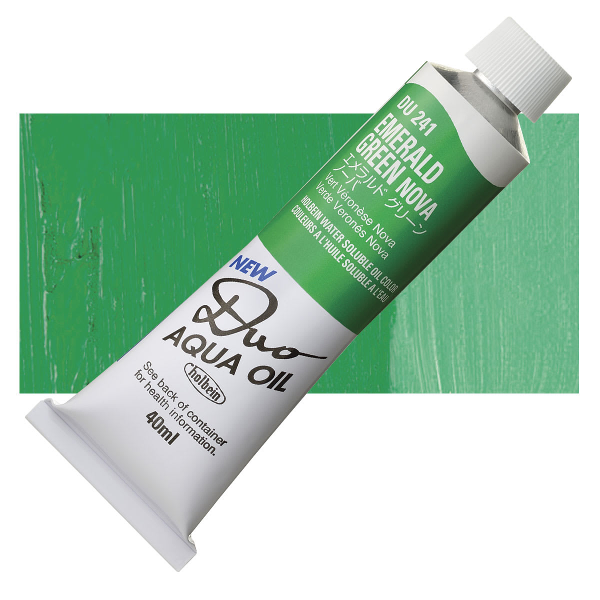 Holbein Duo Aqua Water Soluble Oil - Emerald Green Nova, 40 ml tube and swatch