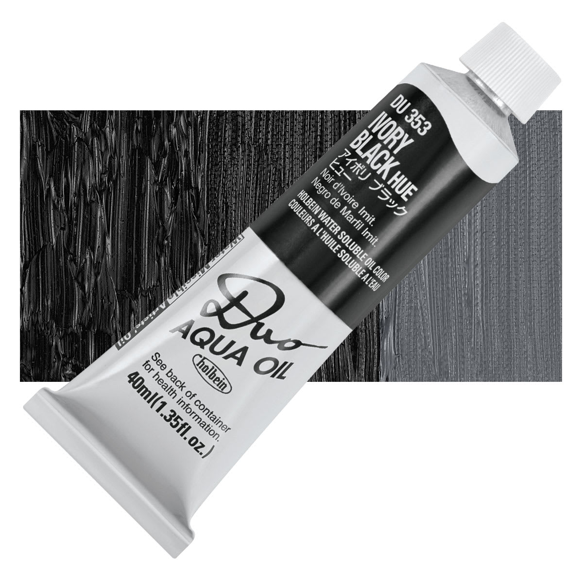 Holbein Duo Aqua Water Soluble Oil - Ivory Black Hue, 40 ml tube and swatch Holbein Duo Aqua Water Soluble Oil - Ivory Black Hue, 40 ml tube and swatch