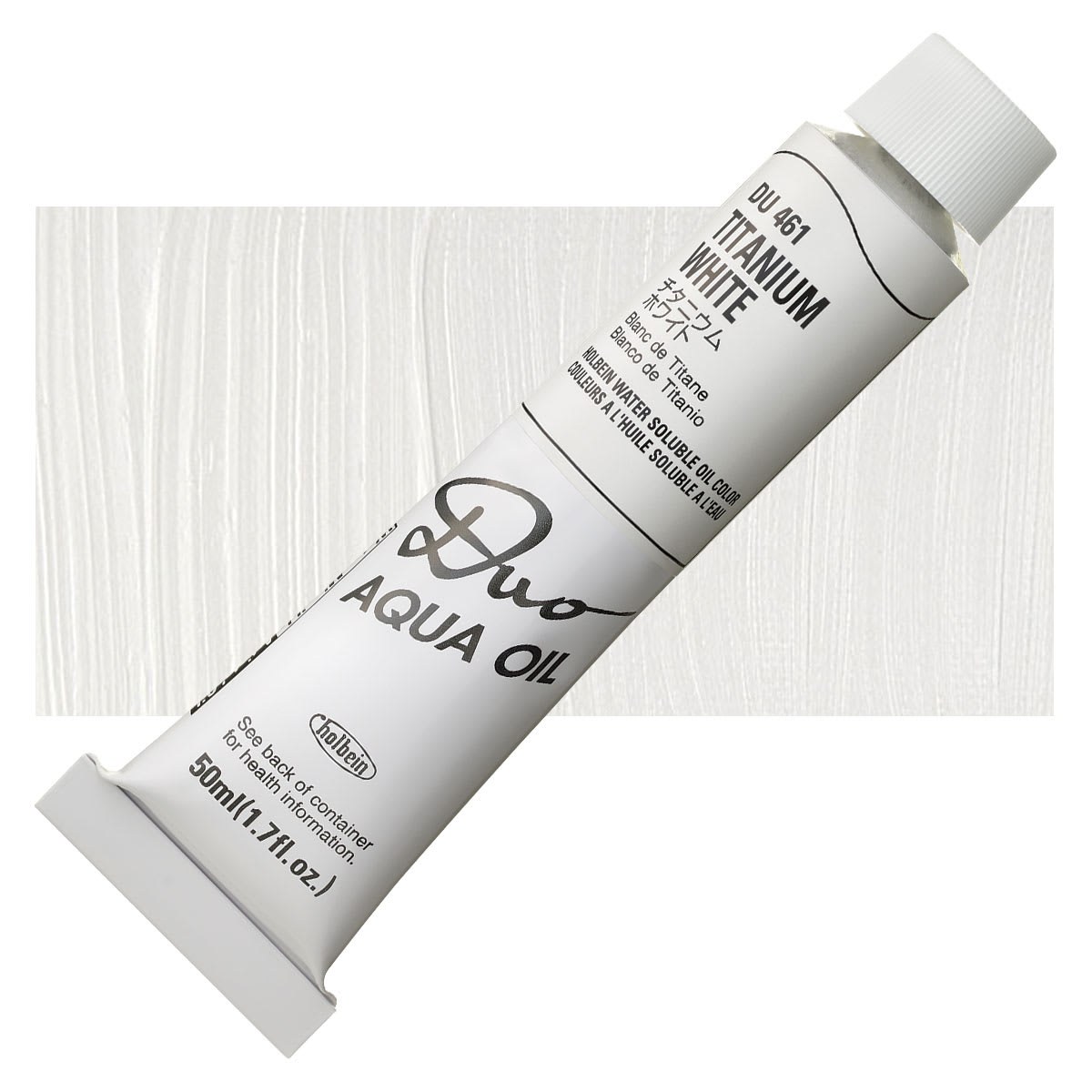 Holbein Duo Aqua Water Soluble Oil - Titanium White, 50 ml tube and swatch