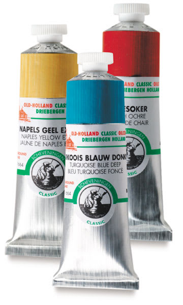 Old Holland Classic Oil Paints and Set - Front view of Yellow, Blue and Red tubes Old Holland Classic Oil Paints and Set - Front view of Yellow, Blue and Red tubes