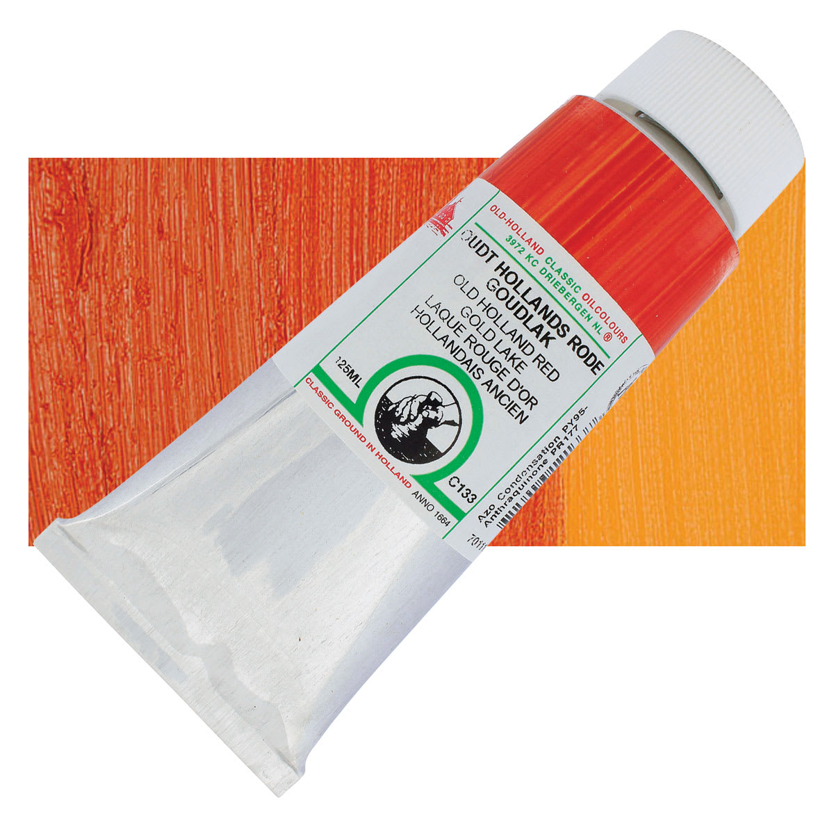 Old Holland Classic Oil Color - Old Holland Red Gold Lake, 125 ml tube and swatch