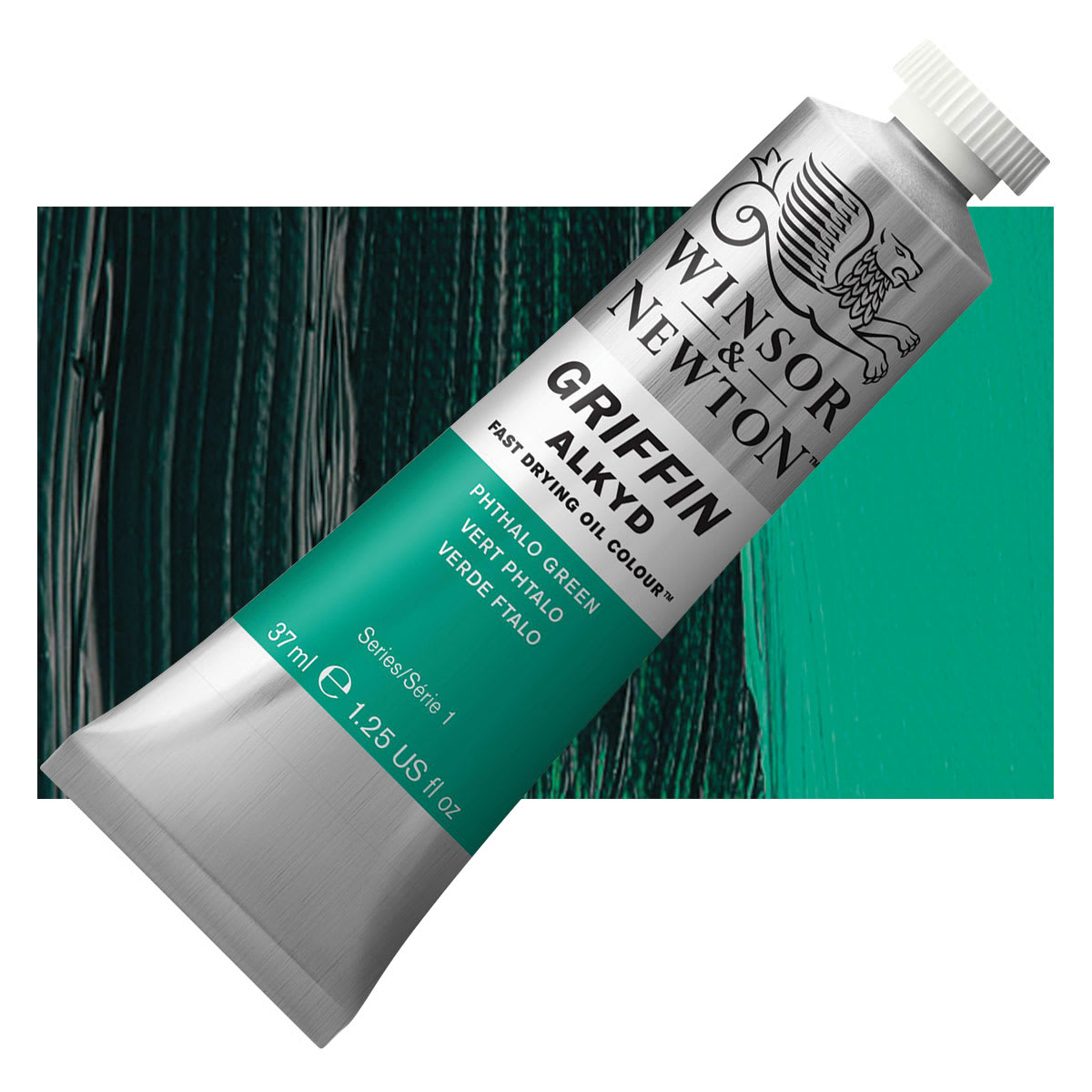 Winsor & Newton Griffin Alkyd - Phthalo Green, 37 ml tube and swatch