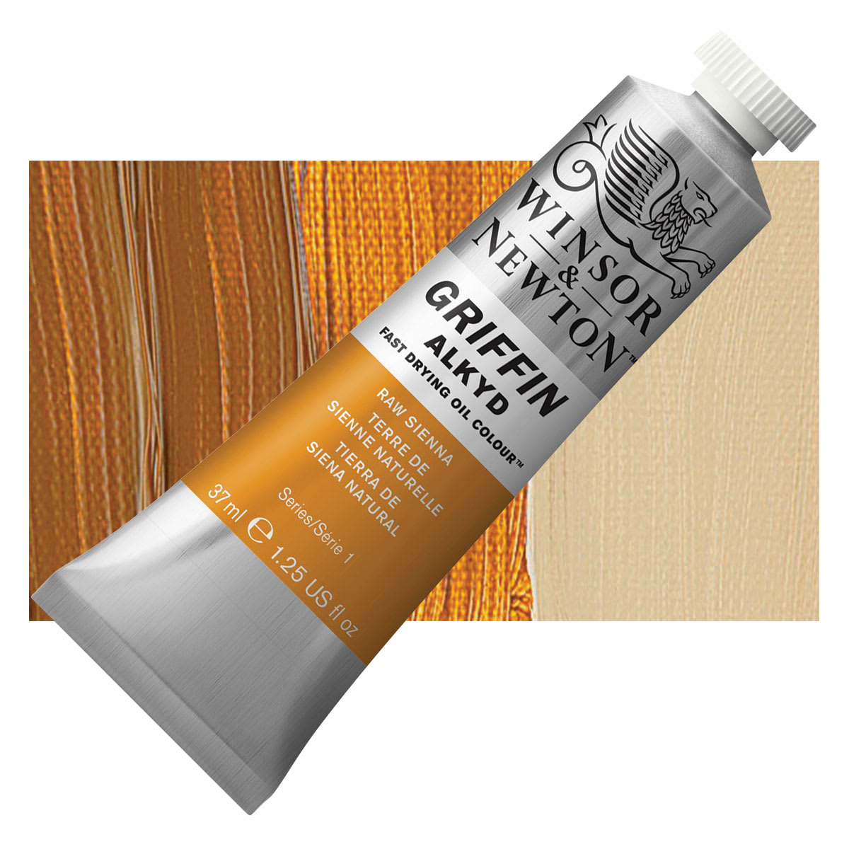 Winsor & Newton Griffin Alkyd - Raw Sienna, 37 ml tube and swatch