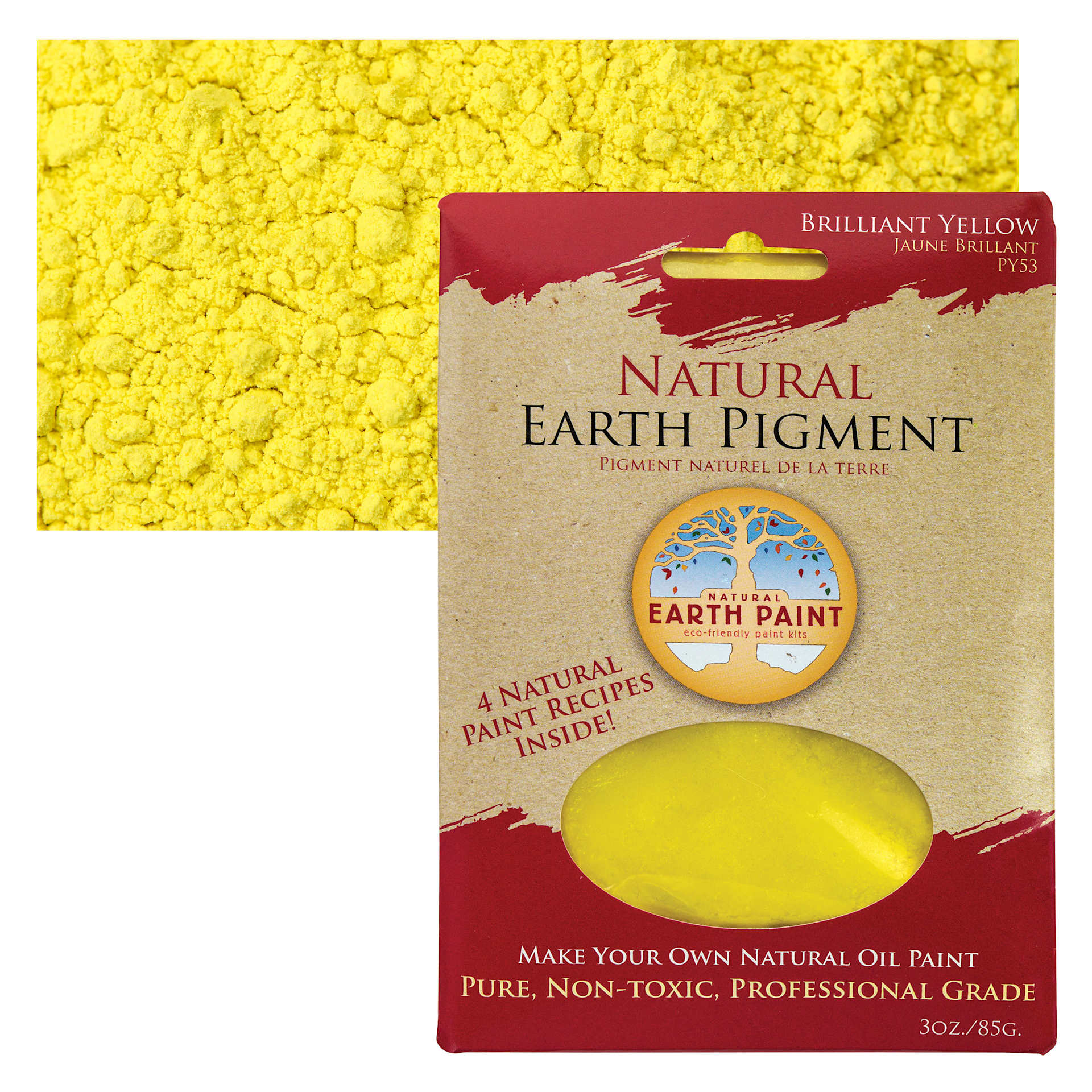 Natural Earth Paint Earth & Mineral Pigment - Brilliant Yellow, 3 oz package and swatch