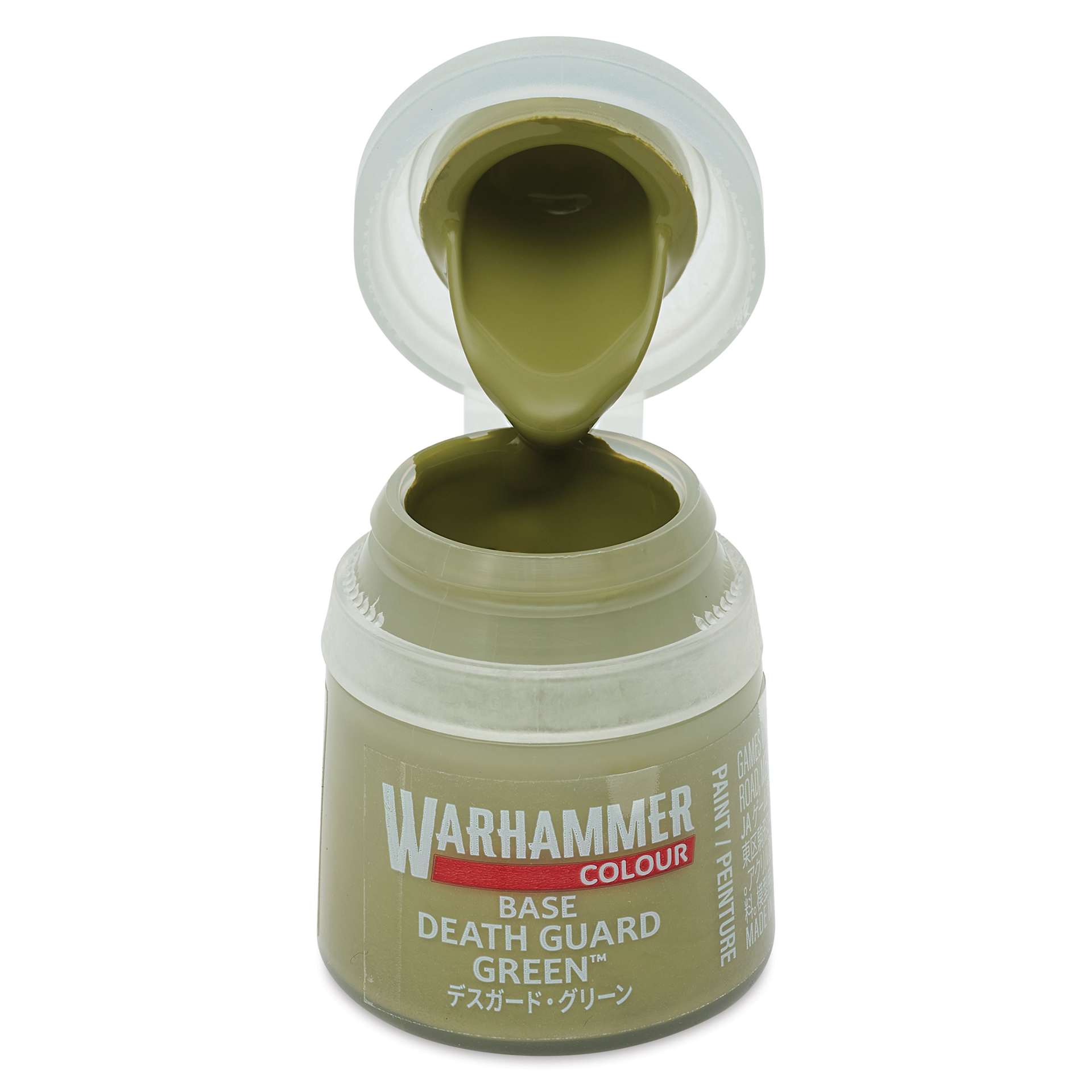 Warhammer Base Acrylic Paint - Death Guard Green, 12 ml jar open