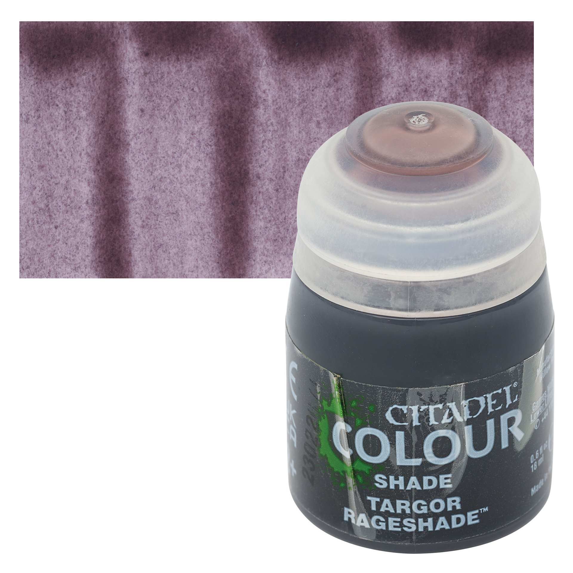 Citadel Shade Acrylic Paint - Targor Rageshade, 18 ml bottle and swatch