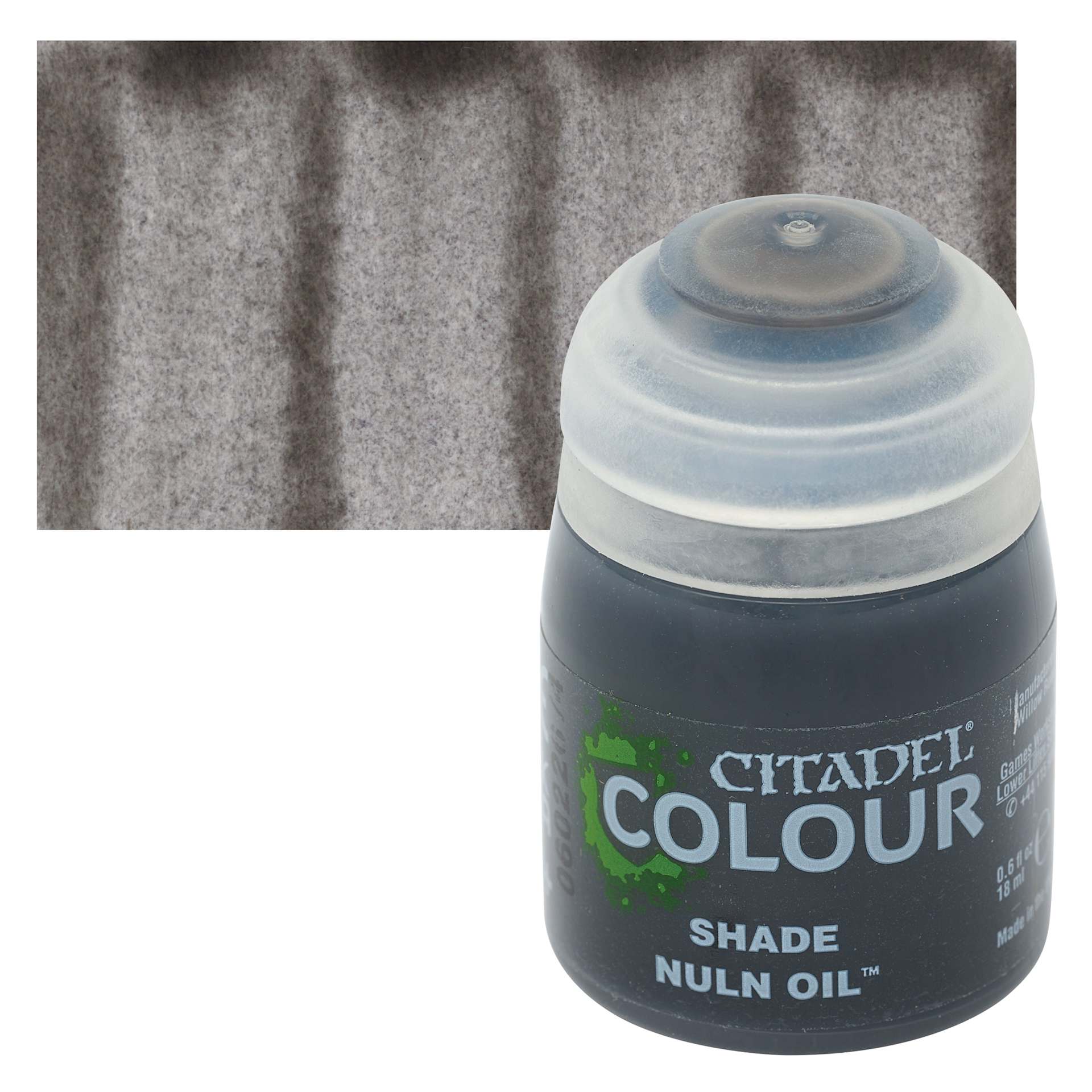 Citadel Shade Acrylic Paint - Nuln Oil, 18 ml bottle and swatch