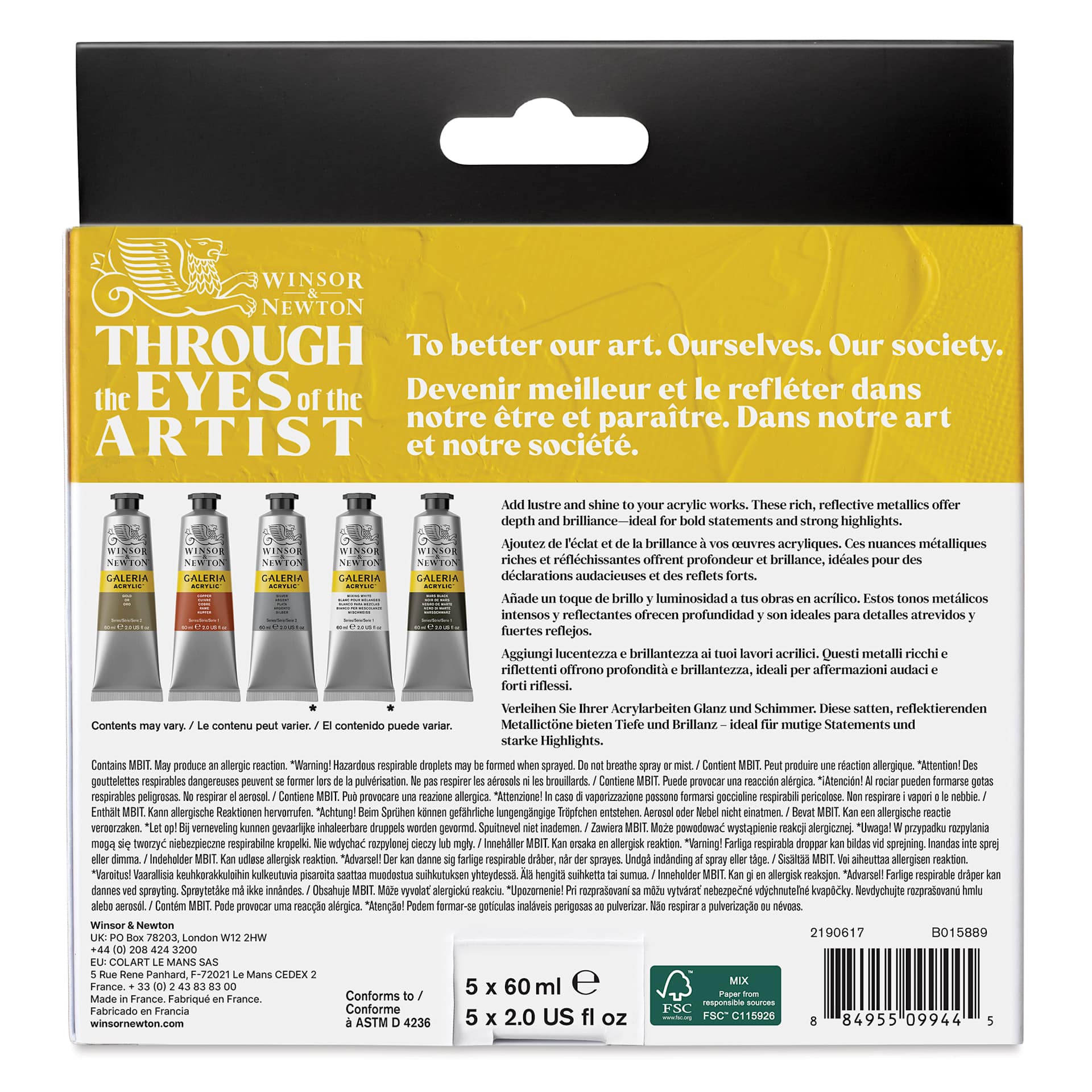 Winsor & Newton Galeria Acrylics - Set of 5, Metallic Colors, 60 ml tubes, back of packaging
