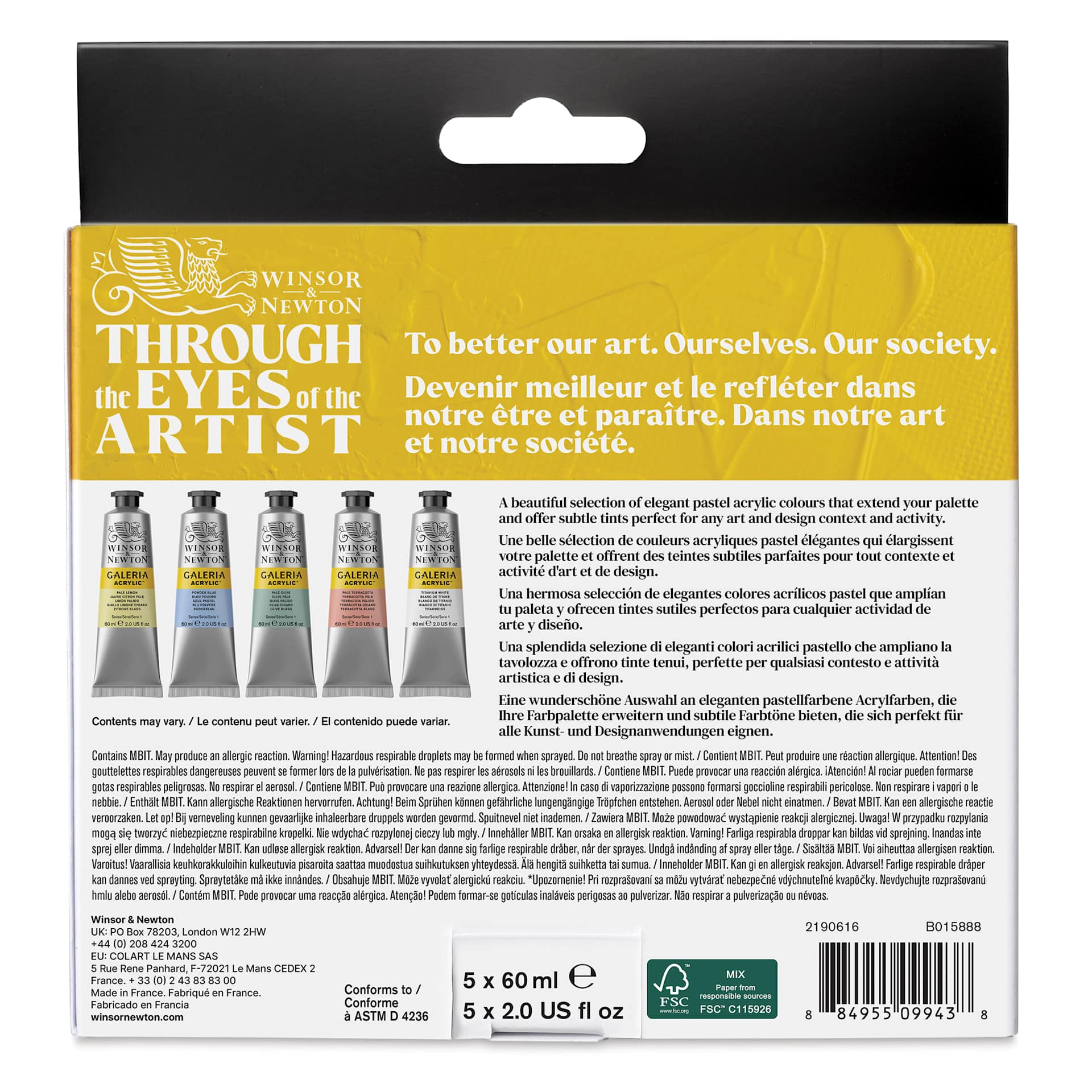 Winsor & Newton Galeria Acrylics - Set of 5, Pastel Colors, 60 ml tubes, back of packaging