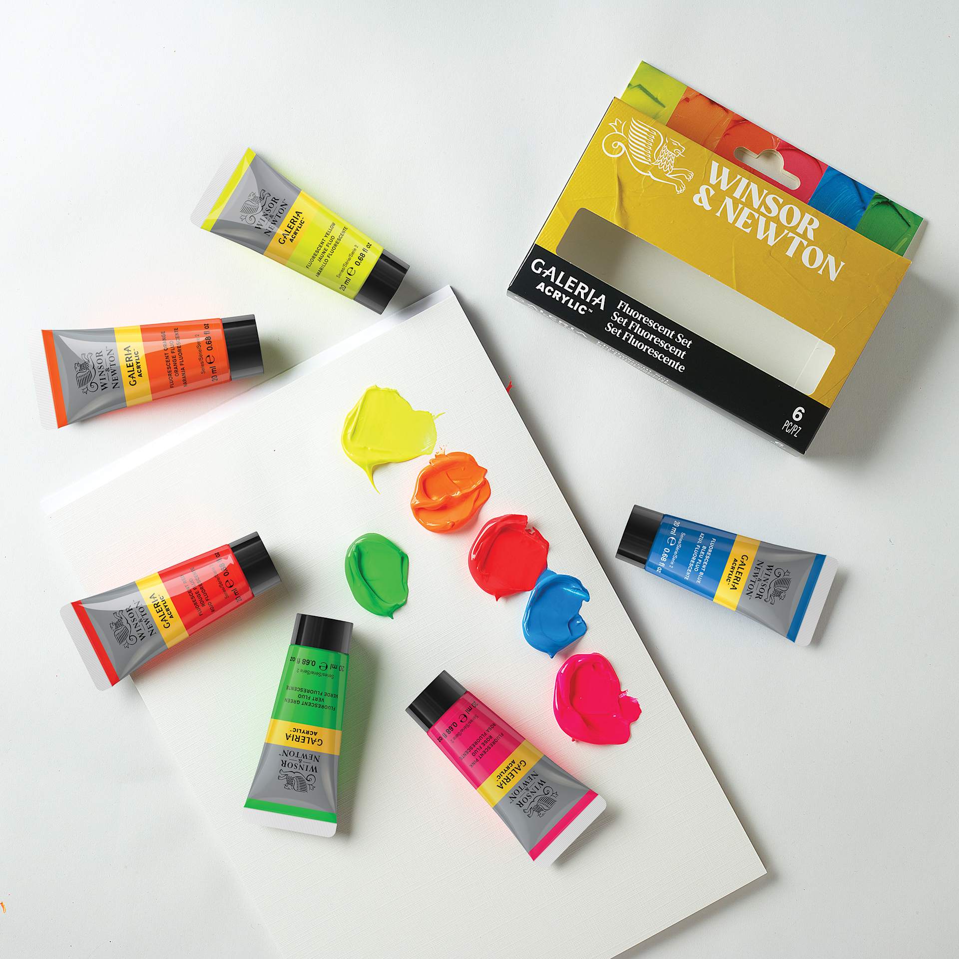 Winsor & Newton Galeria Acrylics - Set of 6, Fluorescent Colors, 20 ml tubes of paint and swatches