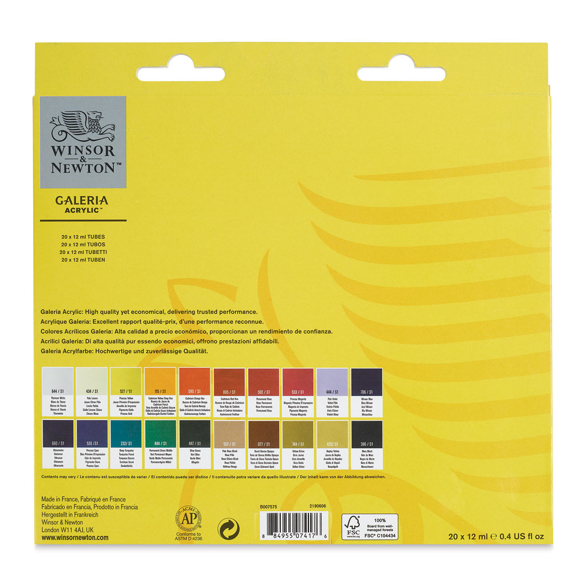 Winsor & Newton Galeria Acrylic Paint - Set of 20, Assorted Colors, 12 ml, Tubes (Back of packaging)