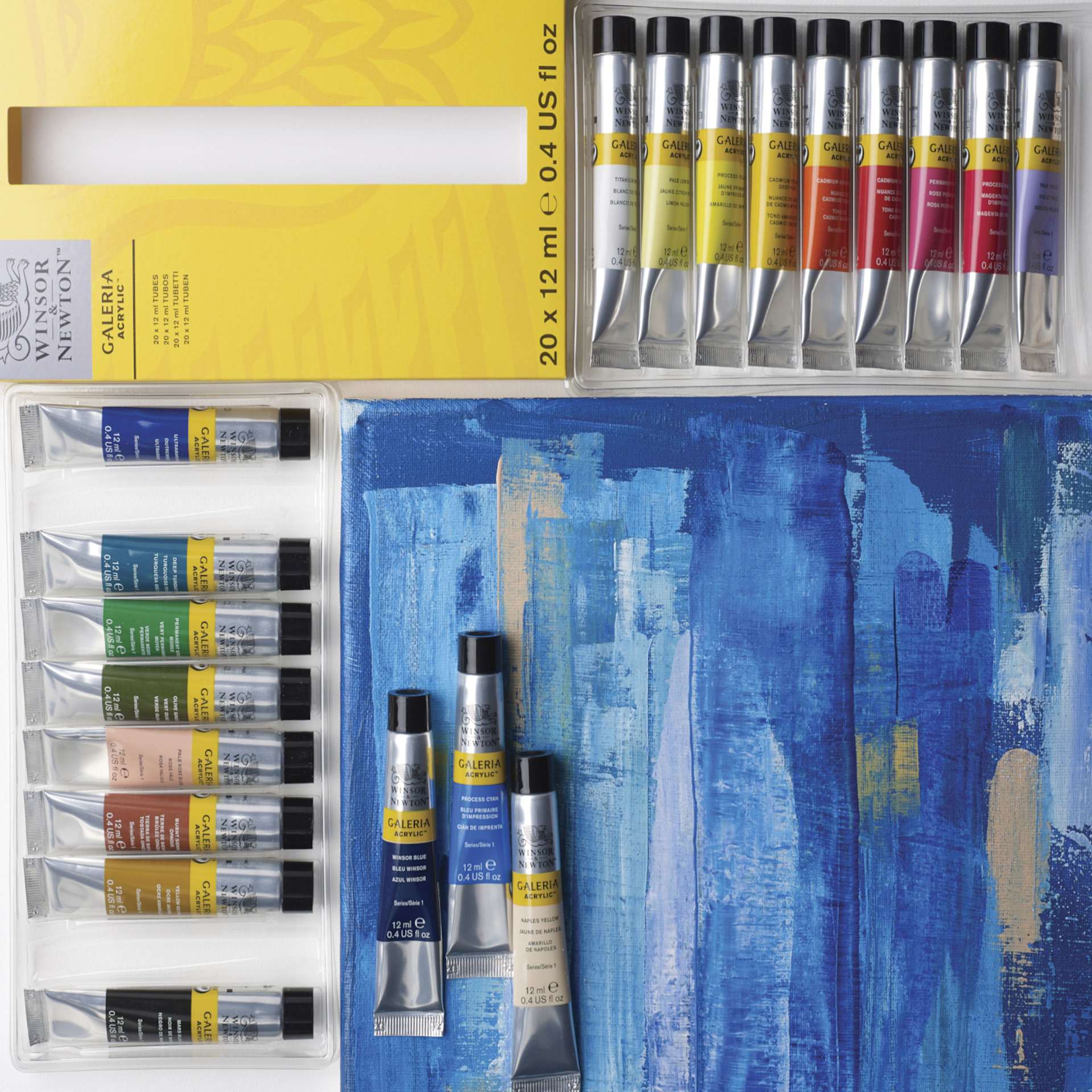 Winsor & Newton Galeria Acrylics - Set of 20, Assorted Colors, 12 ml, on desk