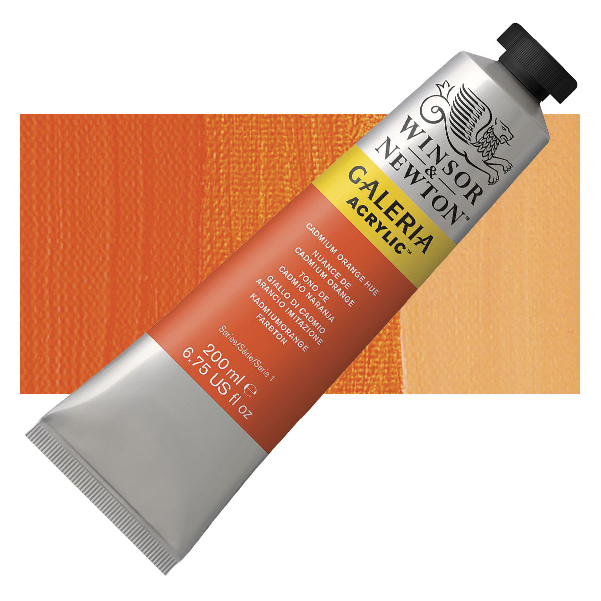 Winsor & Newton Galeria Flow Acrylic - Cadmium Orange Hue, 200 ml tube and swatch