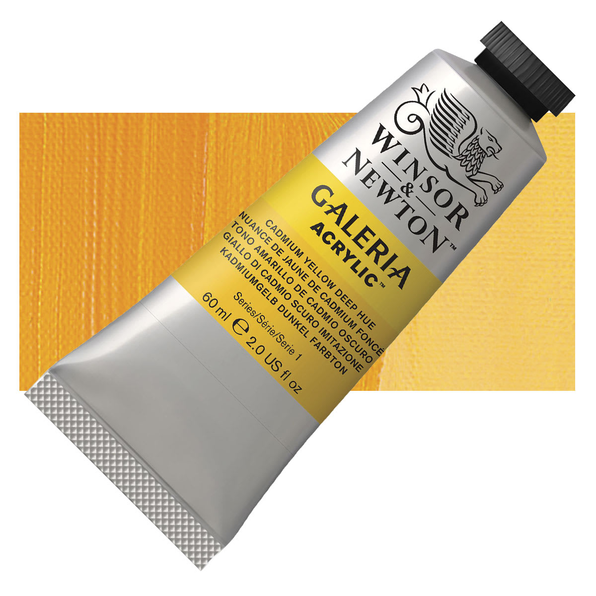 Winsor & Newton Galeria Flow Acrylic - Cadmium Yellow Deep Hue, 60 ml tube and swatch
