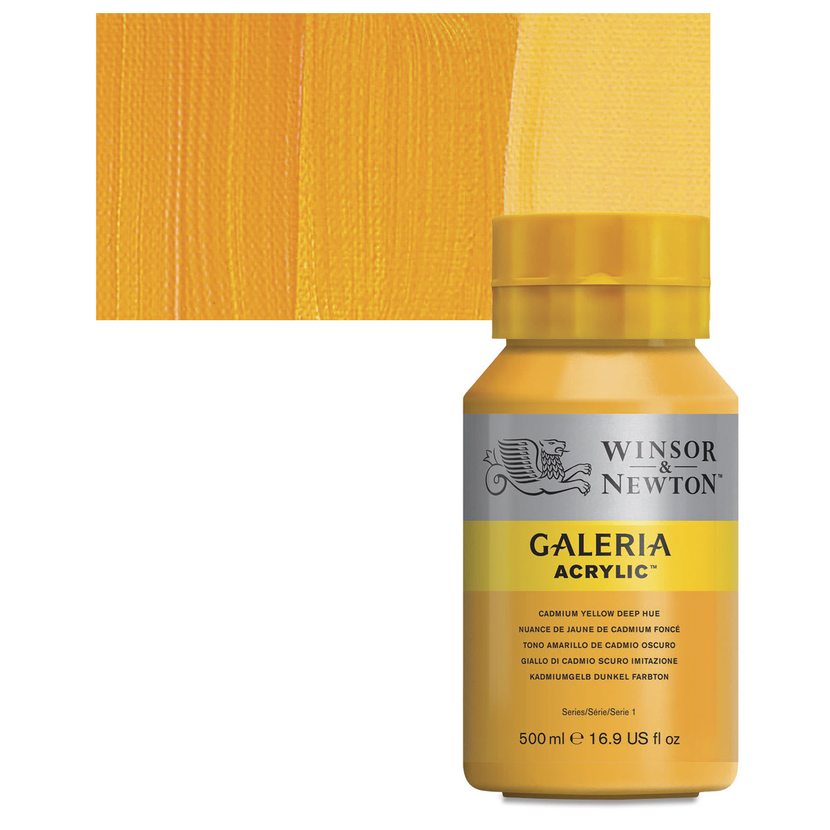 Winsor & Newton Galeria Flow Acrylic - Cadmium Yellow Deep Hue, 500 ml tube and swatch