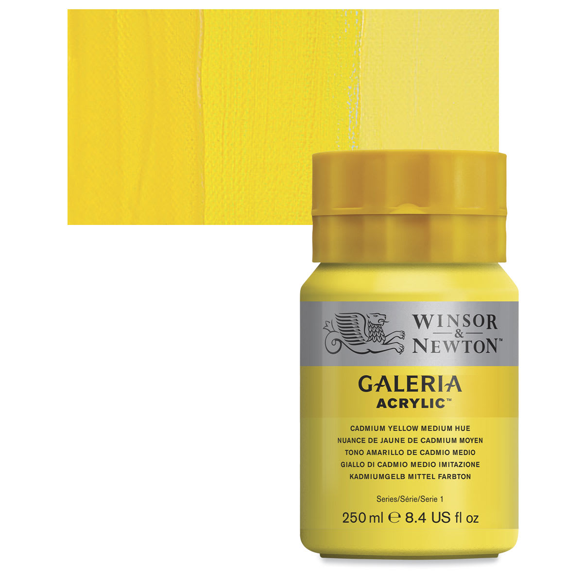 Winsor & Newton Galeria Flow Acrylic - Cadmium Yellow Medium Hue, 250 ml tube and swatch