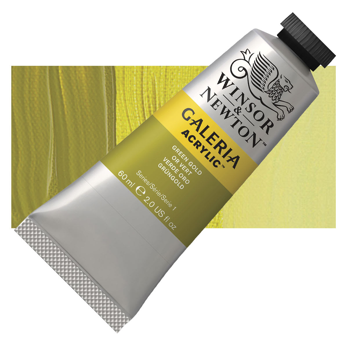 Winsor & Newton Galeria Flow Acrylic - Green Gold, 60 ml tube and swatch