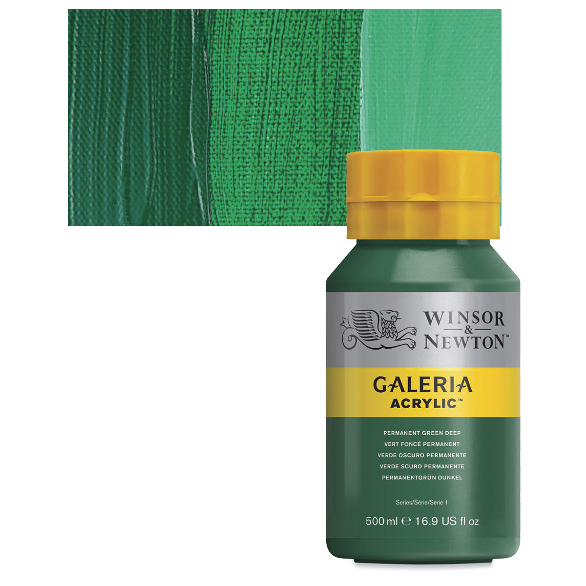 Winsor & Newton Galeria Flow Acrylic - Permanent Green Deep, 500 ml tube and swatch
