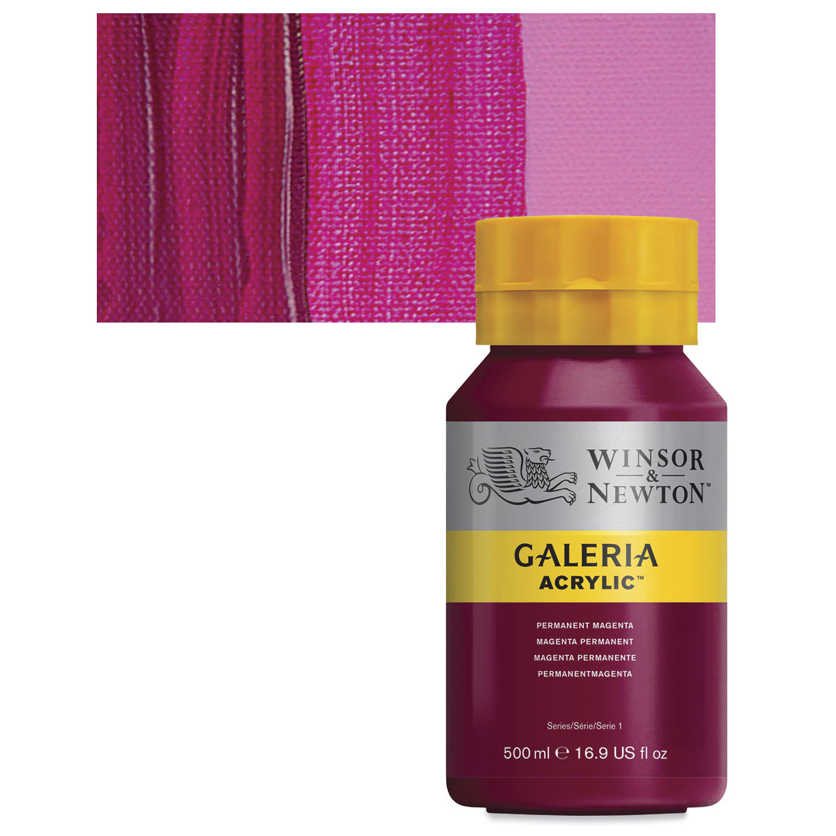 Winsor & Newton Galeria Flow Acrylic - Permanent Magenta, 500 ml tube and swatch