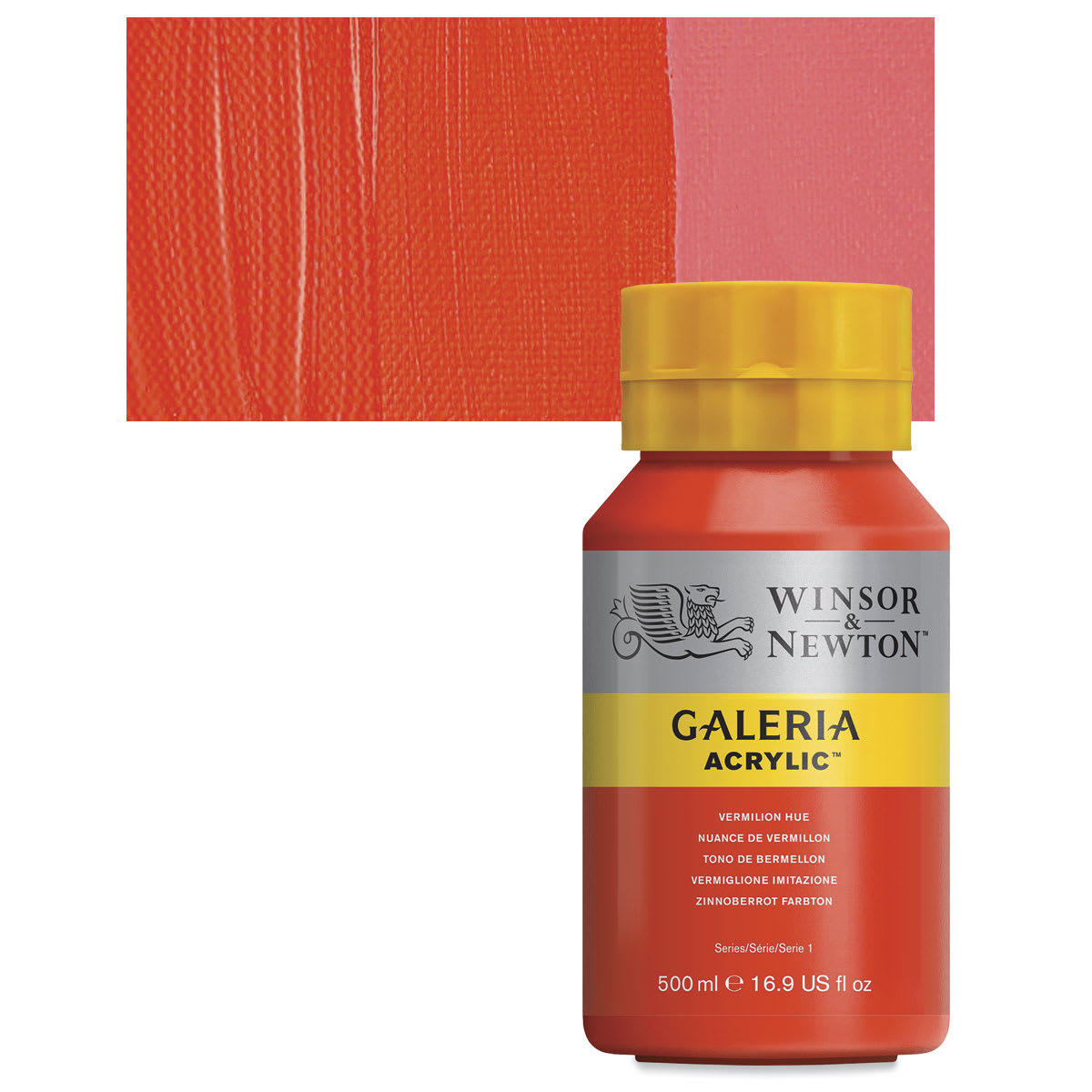 Winsor & Newton Galeria Flow Acrylic - Vermilion Hue, 500 ml tube and swatch