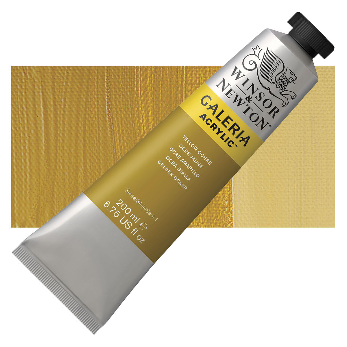 Winsor & Newton Galeria Flow Acrylic - Yellow Ochre, 200 ml tube and swatch