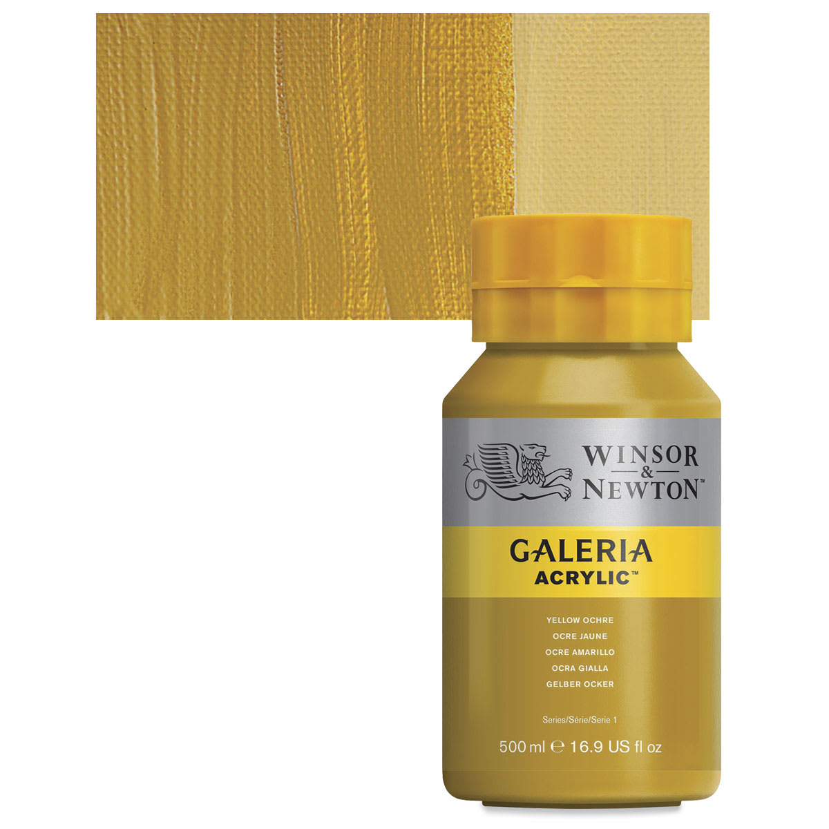Winsor & Newton Galeria Flow Acrylic - Yellow Ochre, 500 ml tube and swatch