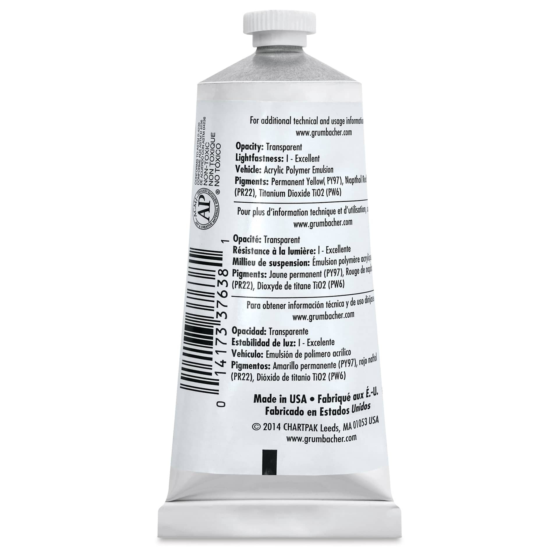 Grumbacher Academy Acrylic - Vermilion, 90 ml tube back