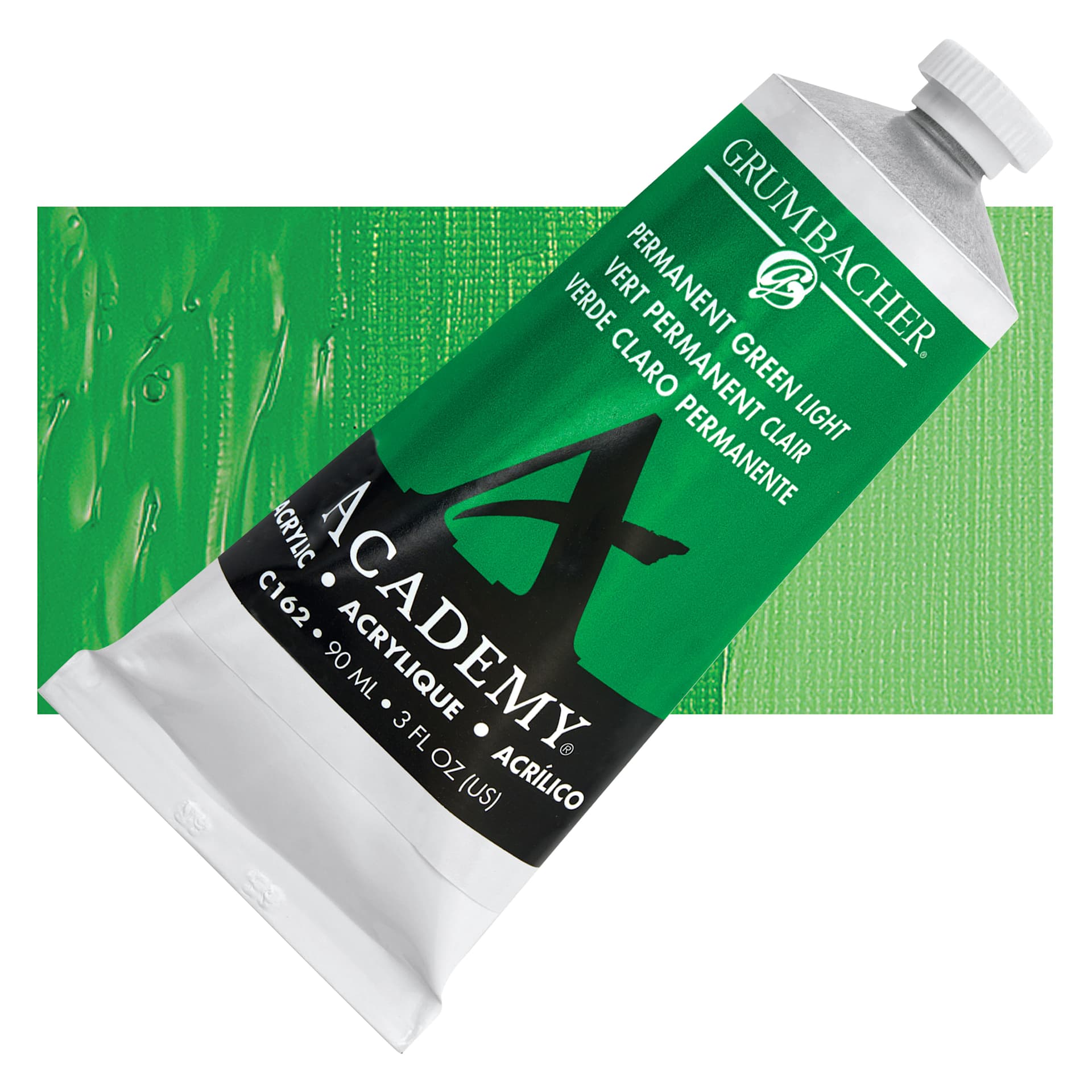 Grumbacher Academy Acrylic - Permanent Green Light, 90 ml tube and swatch