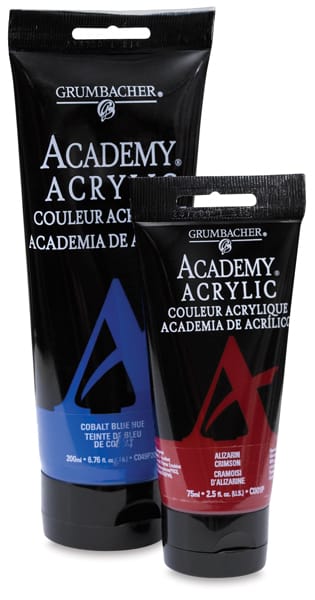 Grumbacher Academy Acrylic Paints - 200 ml Cobalt Blue Hue and 75 ml Alazarin Crimson tubes shown Grumbacher Academy Acrylic Paints - 200 ml Cobalt Blue Hue and 75 ml Alazarin Crimson tubes shown