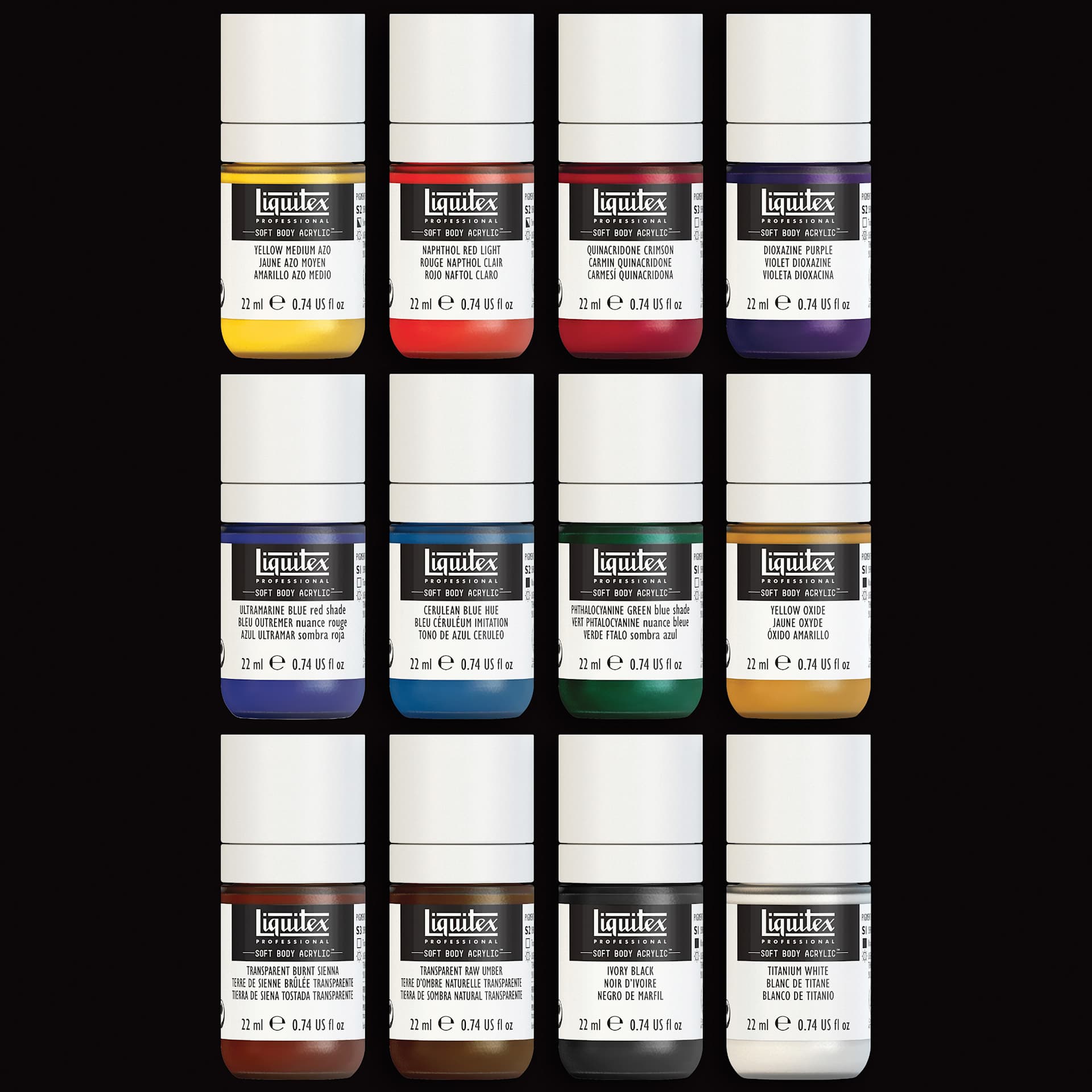 Liquitex Professional Soft Body Acrylics - Set of 12, Essential Colors, 22 ml, contents