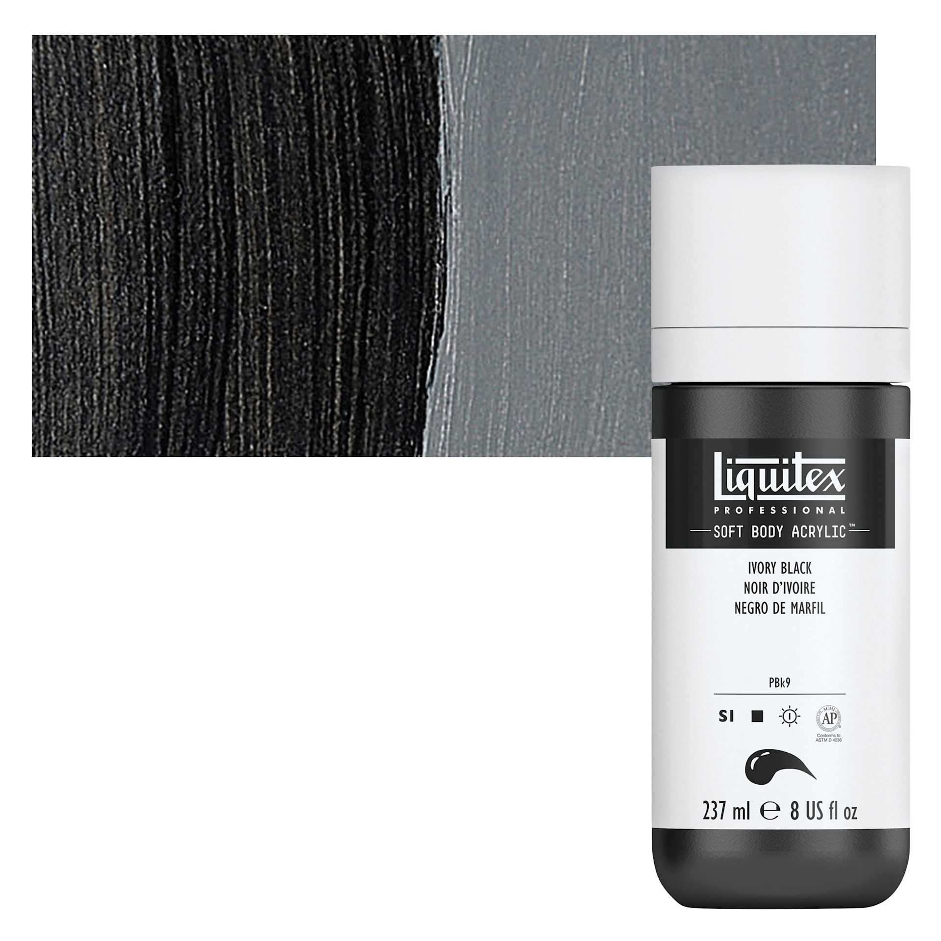 Liquitex Soft Body Artist Acrylic - Ivory Black, 237 ml bottle and swatch Liquitex Soft Body Artist Acrylic - Ivory Black, 237 ml bottle and swatch