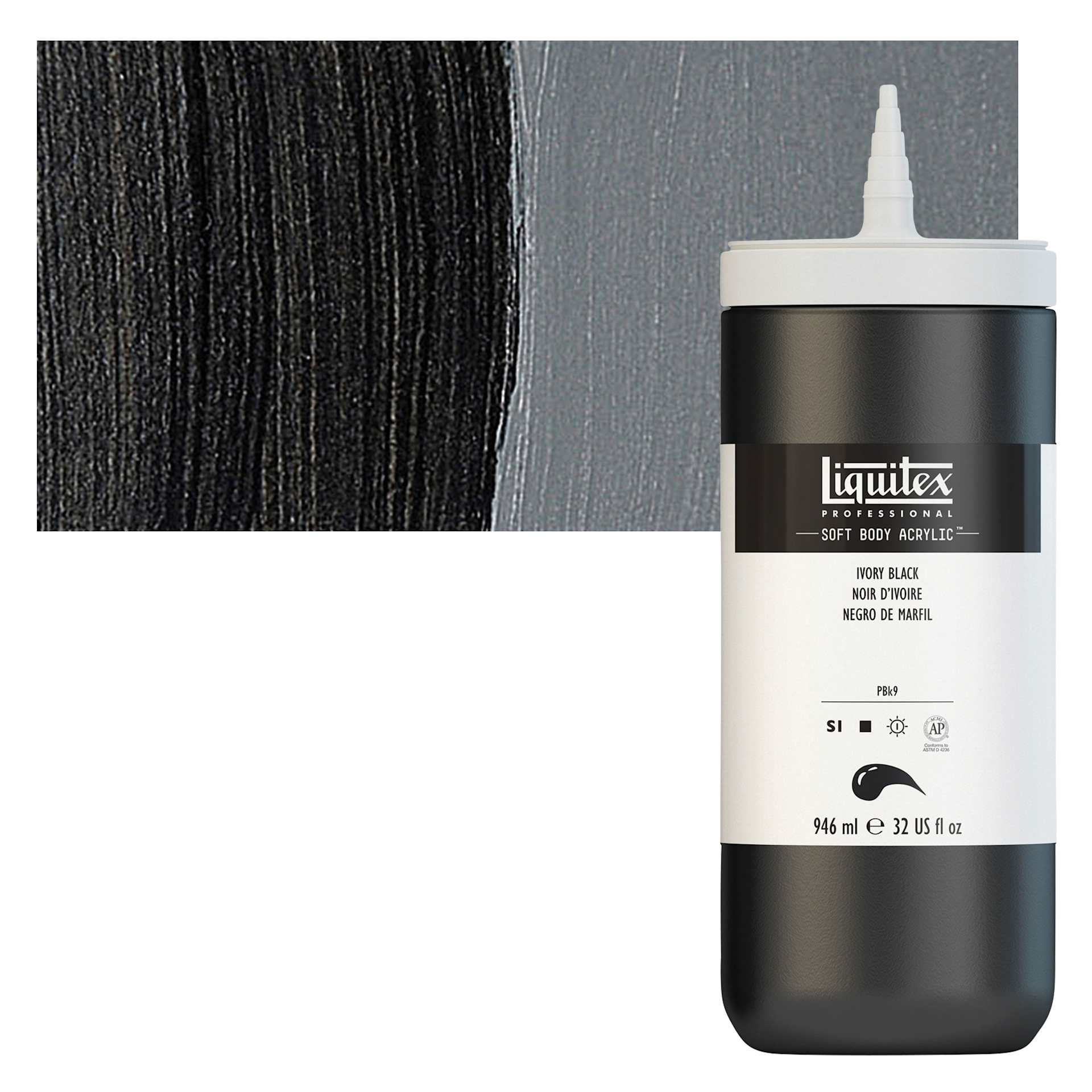 Liquitex Soft Body Artist Acrylic - Ivory Black, 946 ml bottle and swatch Liquitex Soft Body Artist Acrylic - Ivory Black, 946 ml bottle and swatch