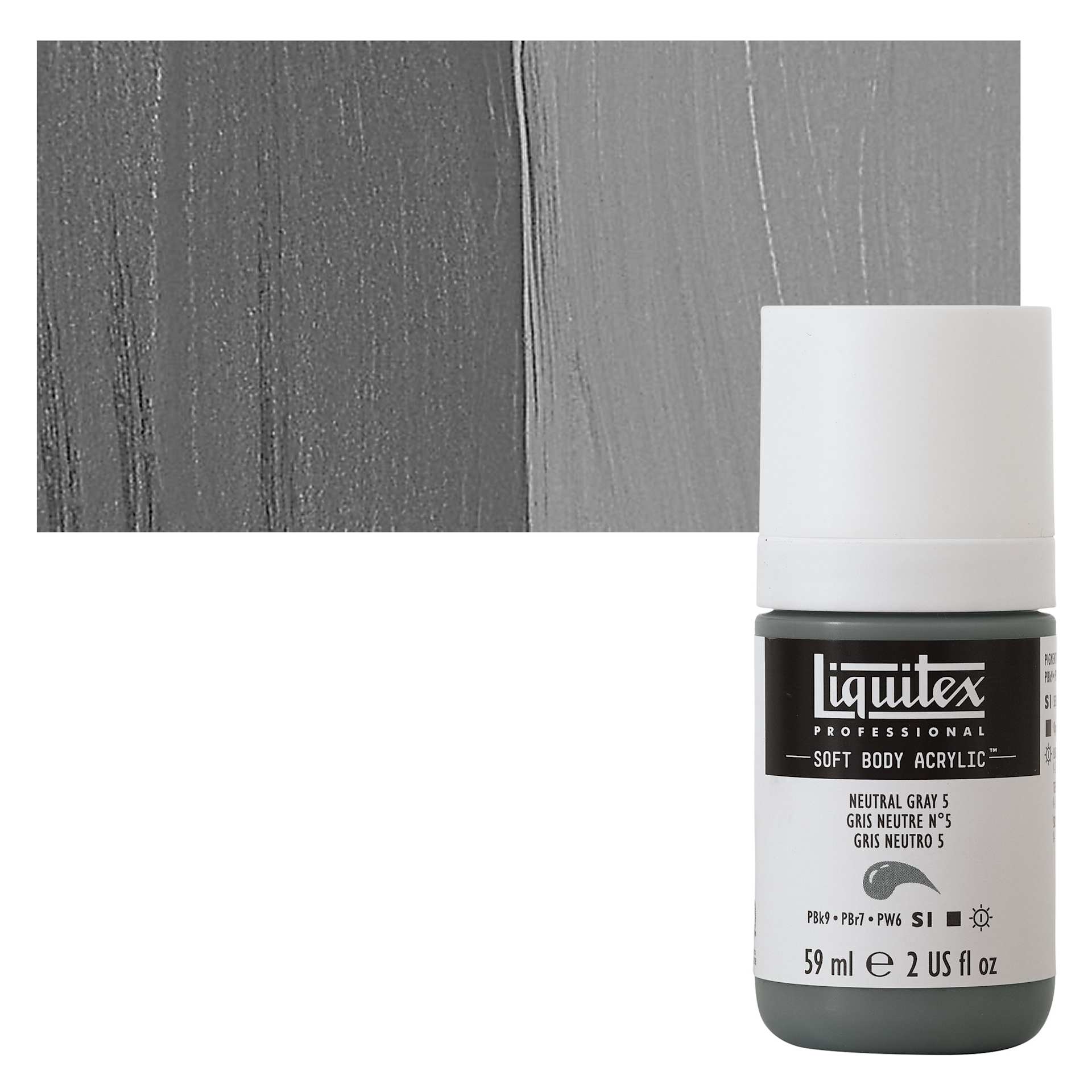 Liquitex Soft Body Artist Acrylic - Neutral Gray 5, 59 ml bottle and swatch