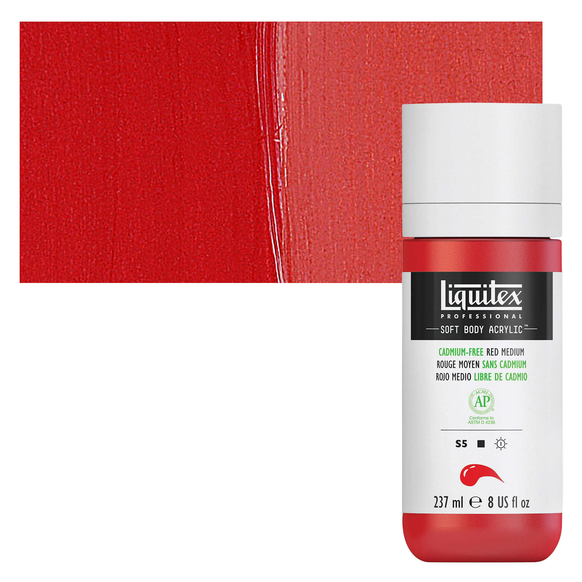 Liquitex Soft Body Artist Acrylic - Cadmium-Free Red Medium, 237 ml bottle and swatch