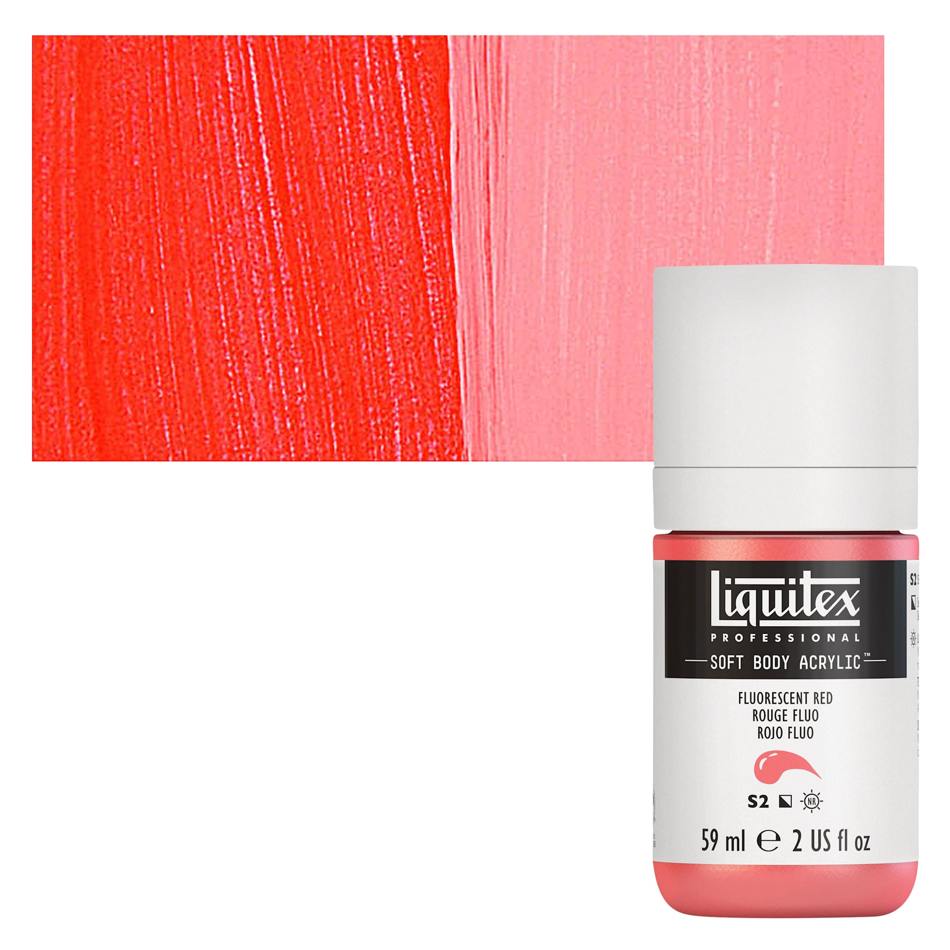 Liquitex Soft Body Artist Acrylic - Fluorescent Red, 59 ml bottle and swatch