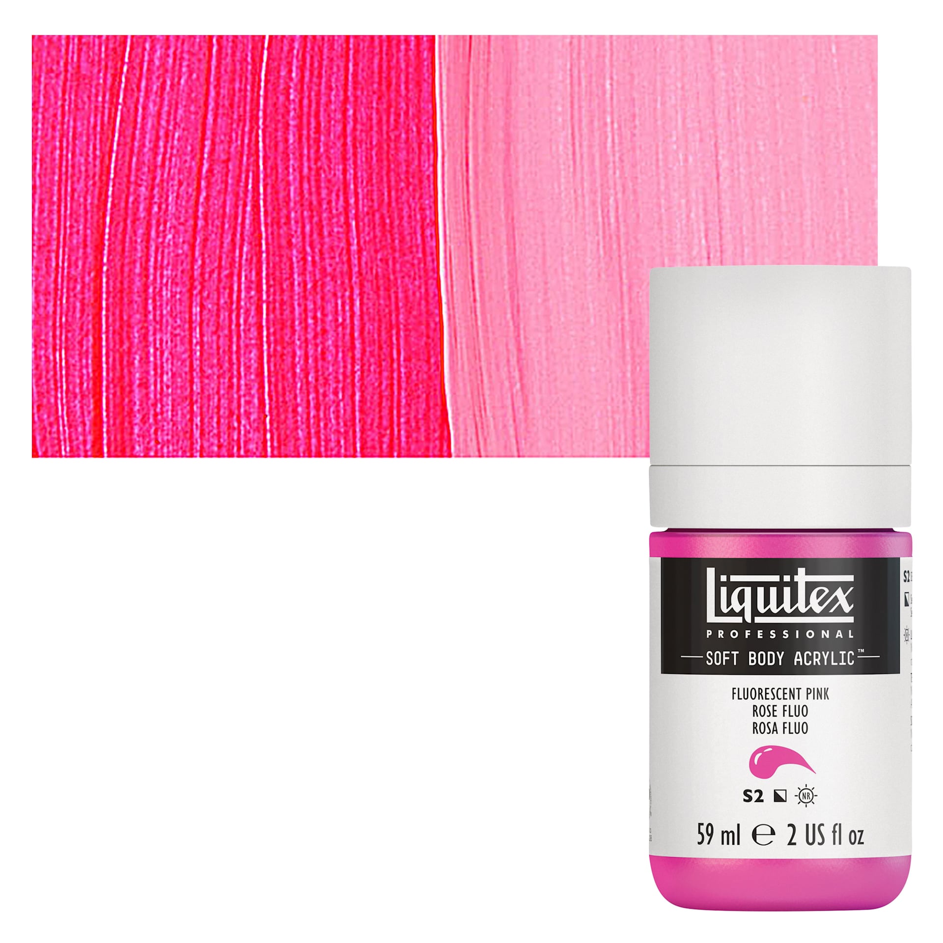 Liquitex Soft Body Artist Acrylic - Fluorescent Pink, 59 ml bottle and swatch