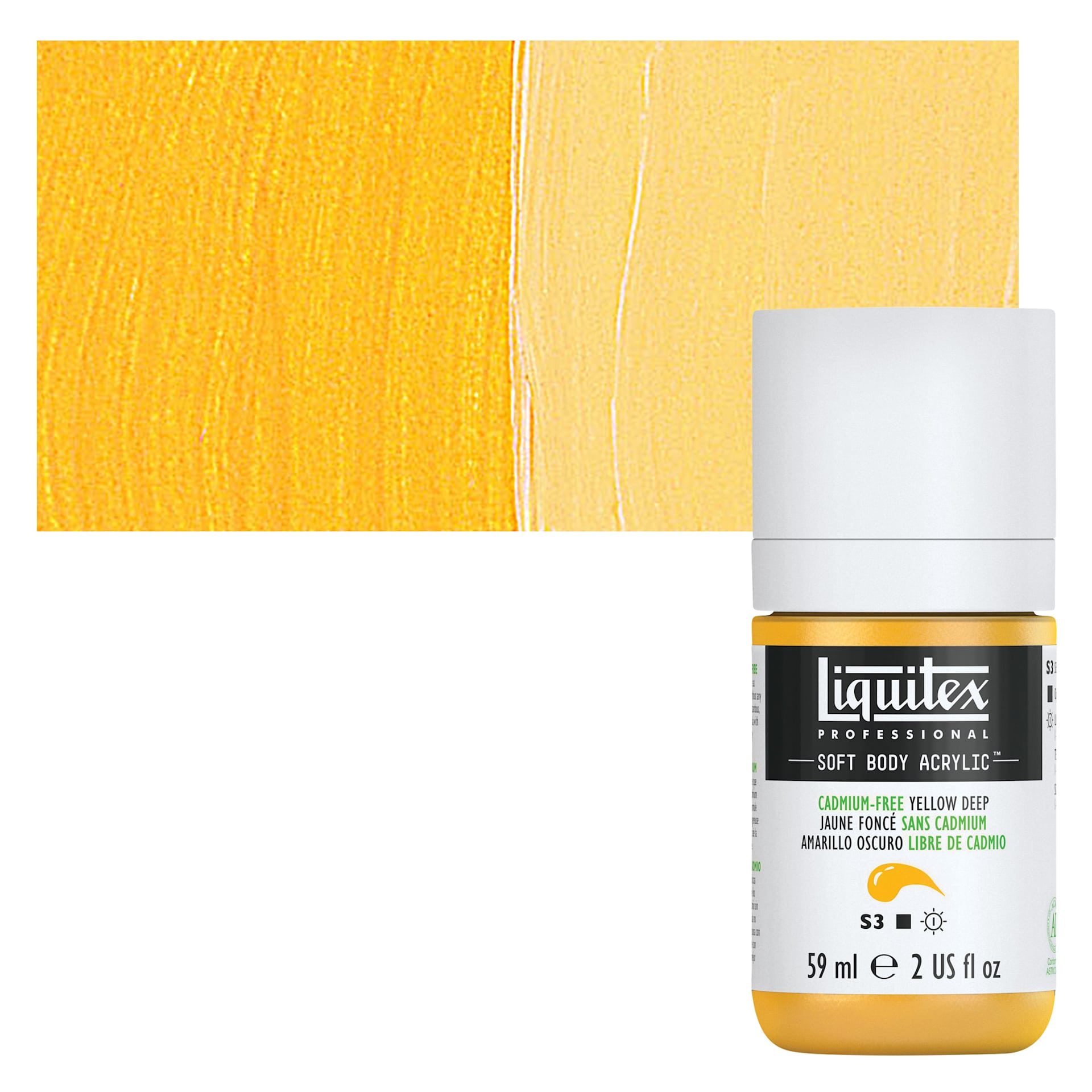 Liquitex Soft Body Artist Acrylic - Cadmium Free Yellow Deep, 59 ml bottle and swatch