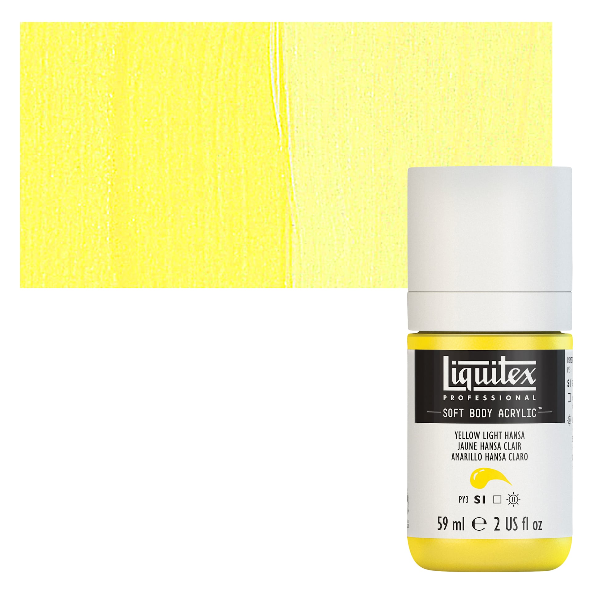 Liquitex Soft Body Artist Acrylic - Yellow Light Hansa, 59 ml bottle and swatch