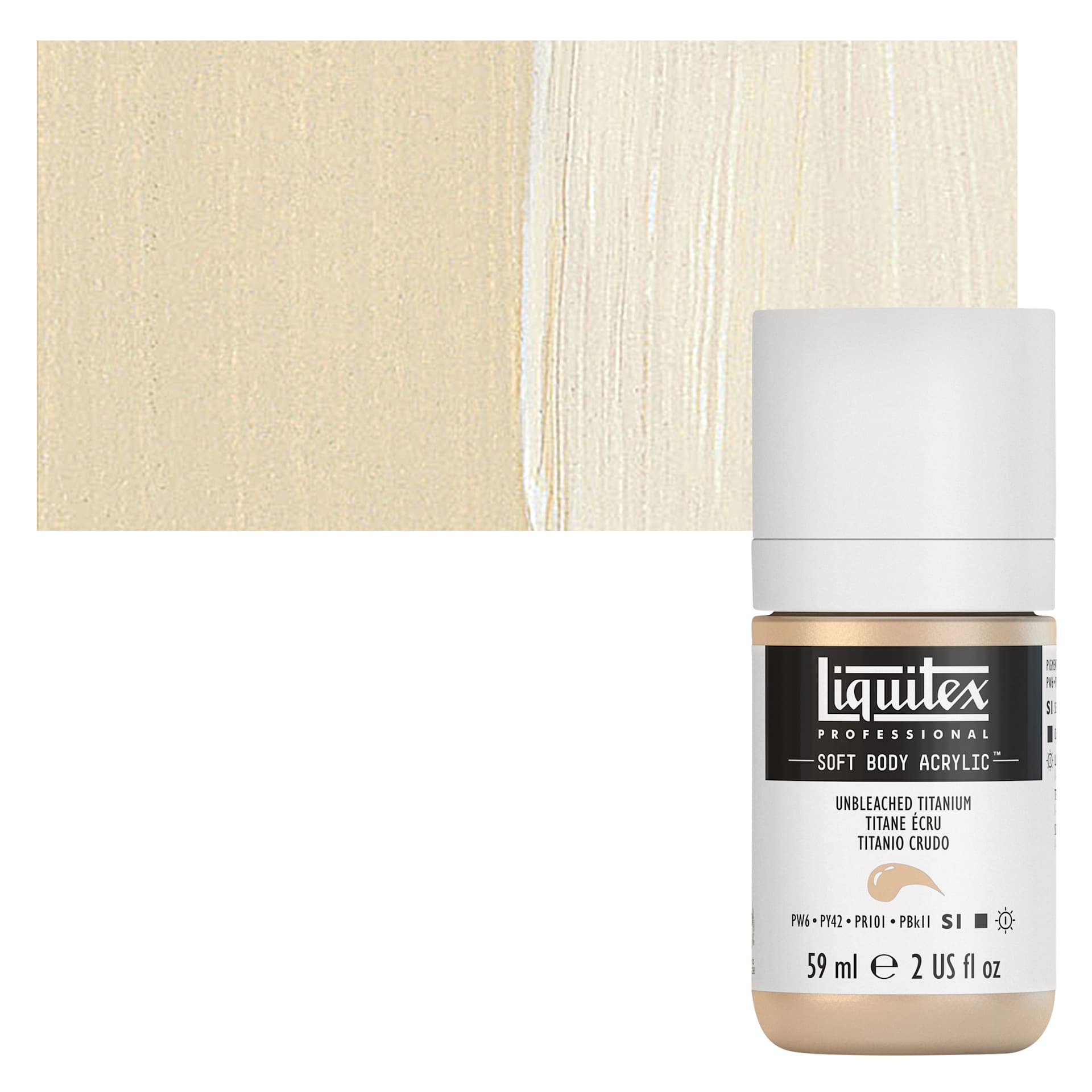 Liquitex Soft Body Artist Acrylic - Unbleached Titanium, 59 ml bottle and swatch