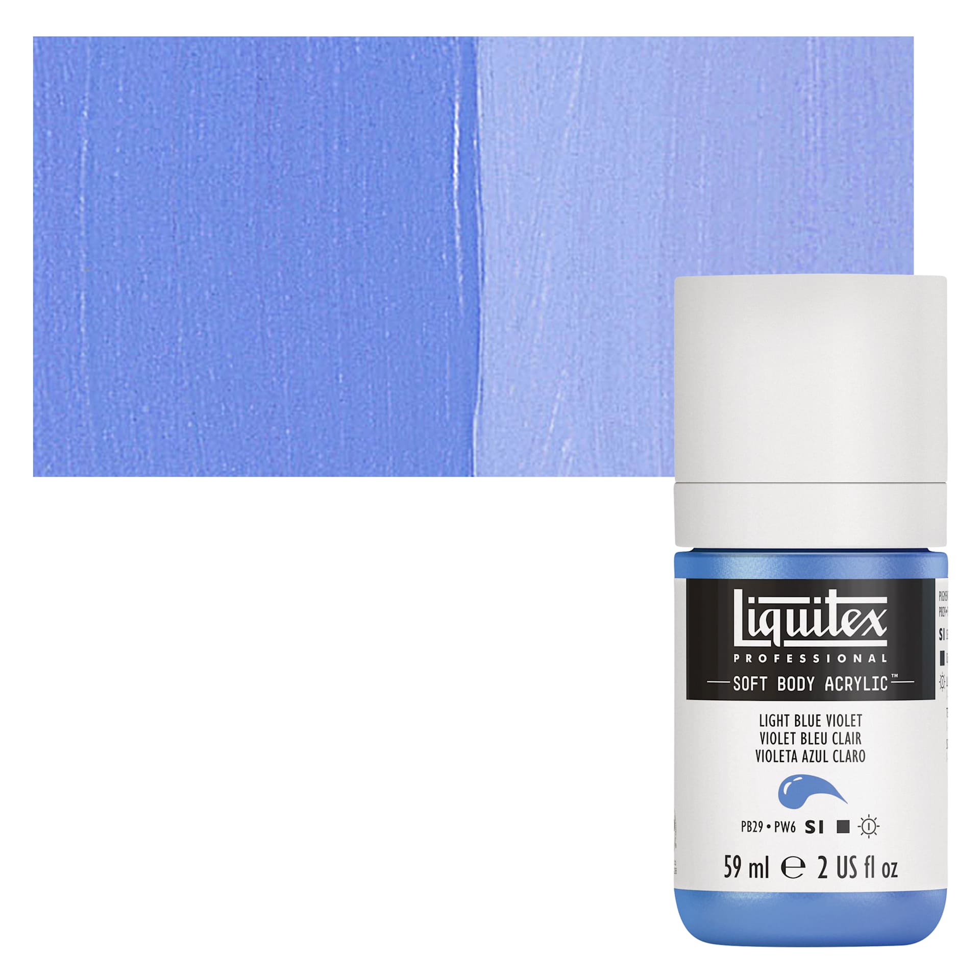 Liquitex Soft Body Artist Acrylic - Light Blue Violet, 59 ml bottle and swatch