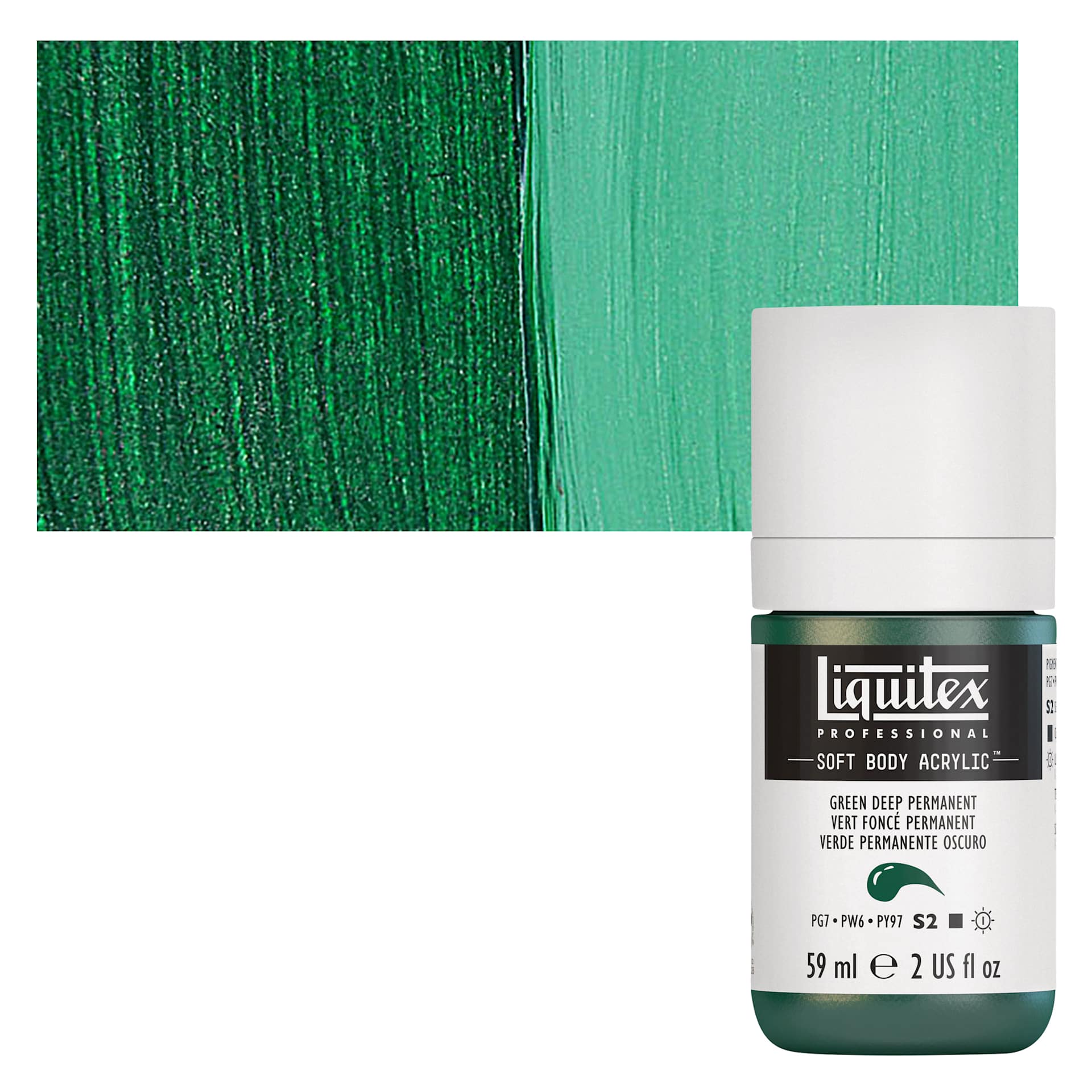 Liquitex Soft Body Artist Acrylic - Green Deep Permanent, 59 ml bottle and swatch