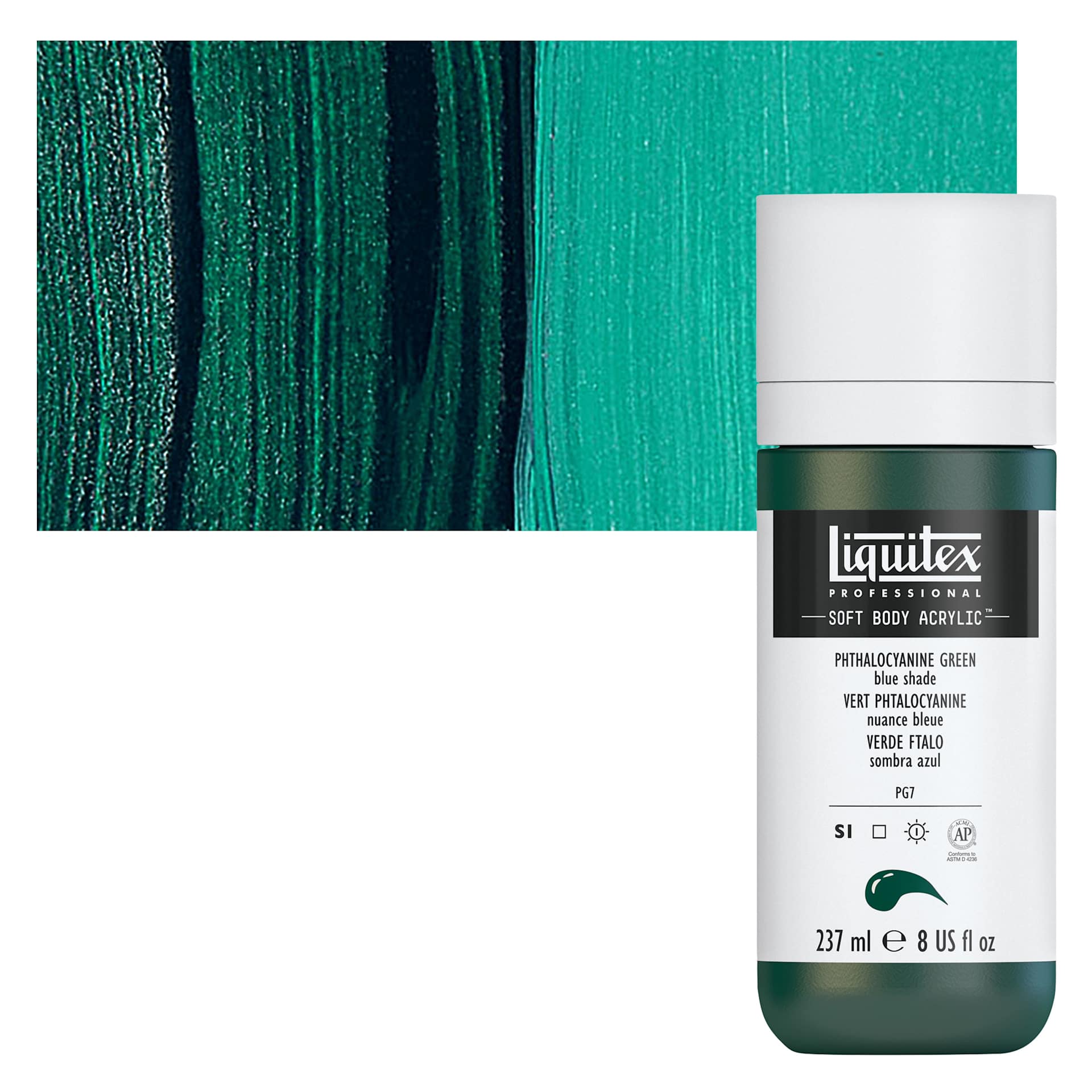 Liquitex Soft Body Artist Acrylic - Phthalo Green Blue Shade, 237 ml bottle and swatch