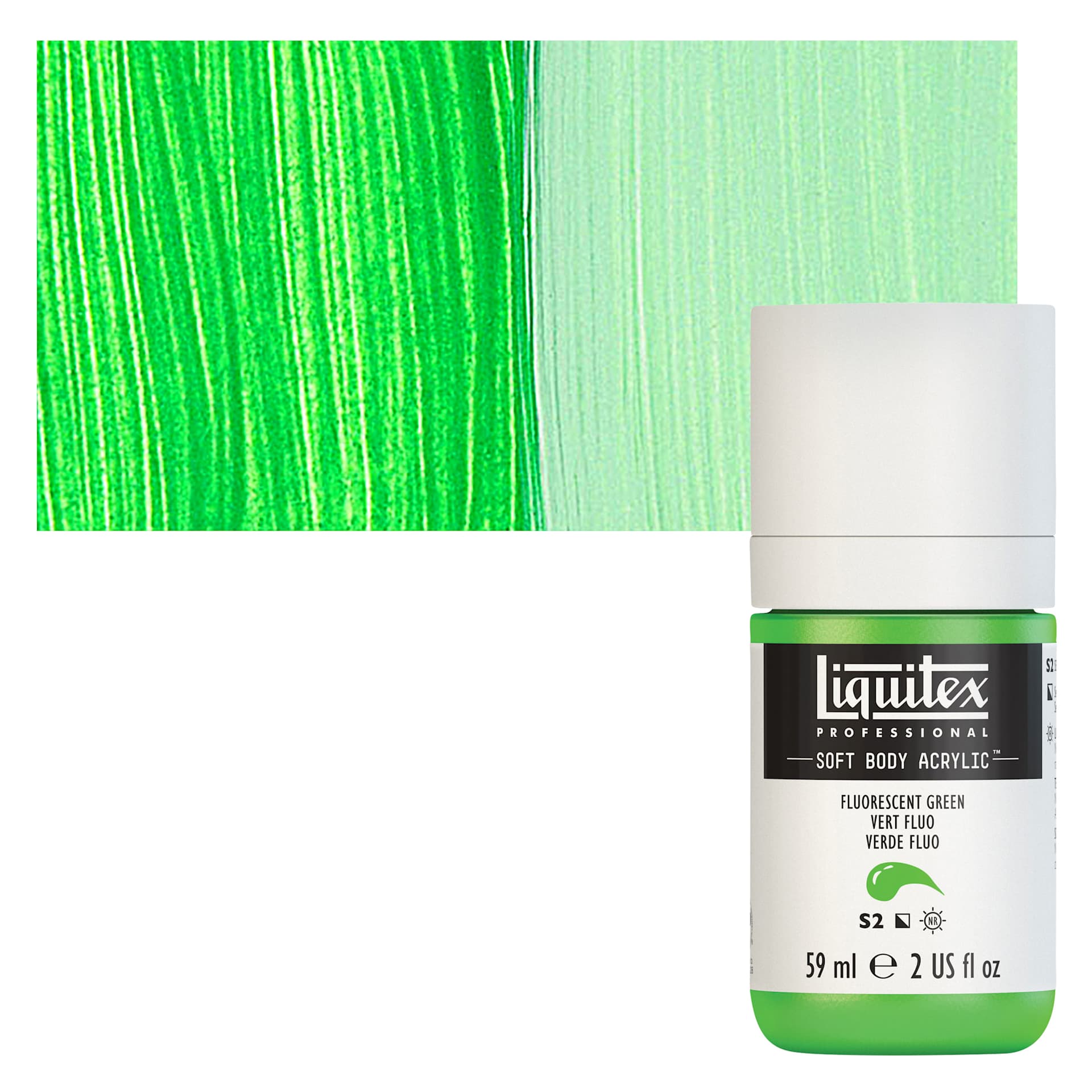 Liquitex Soft Body Artist Acrylic - Fluorescent Green, 59 ml bottle and swatch