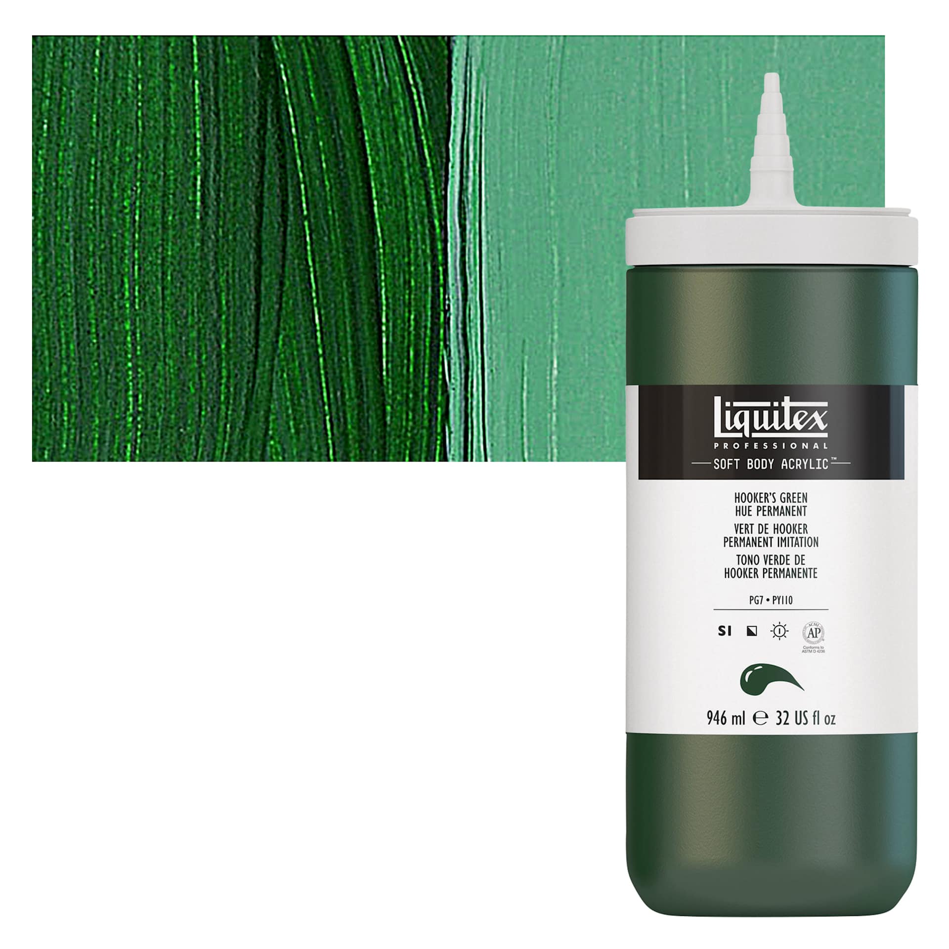 Liquitex Soft Body Artist Acrylic - Hooker's Green Hue Permanent, 946 ml bottle and swatch