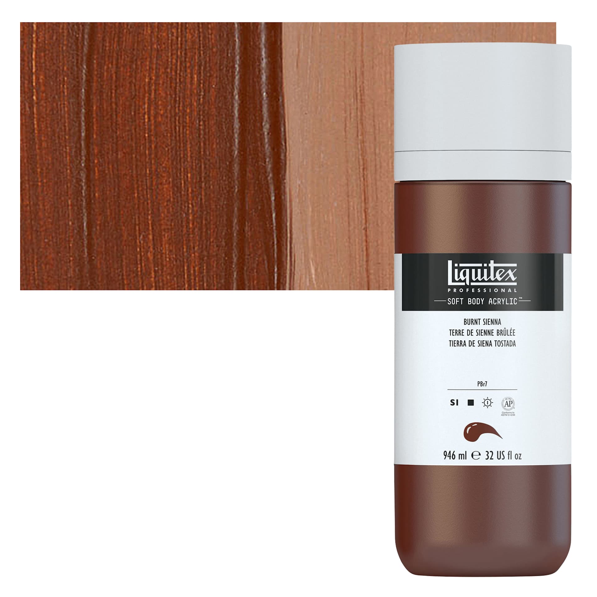Liquitex Soft Body Artist Acrylic - Burnt Sienna, 946 ml bottle and swatch
