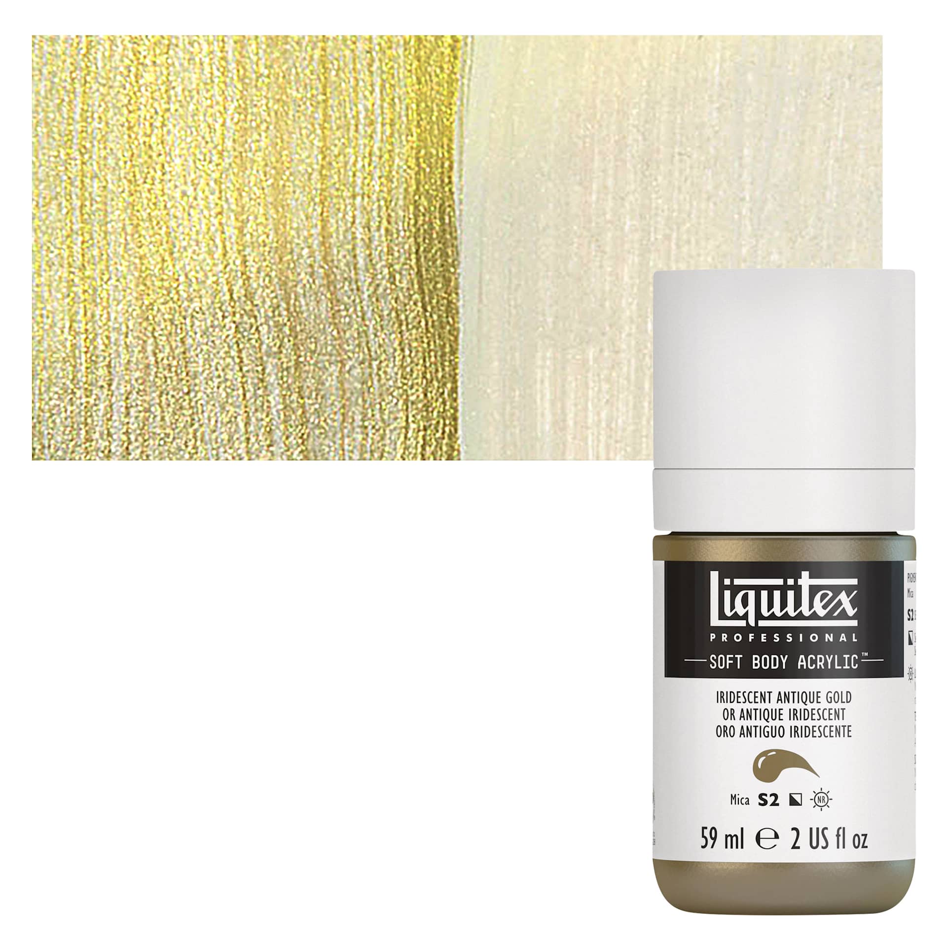 Liquitex Soft Body Artist Acrylic - Iridescent Antique Gold, 59 ml bottle and swatch