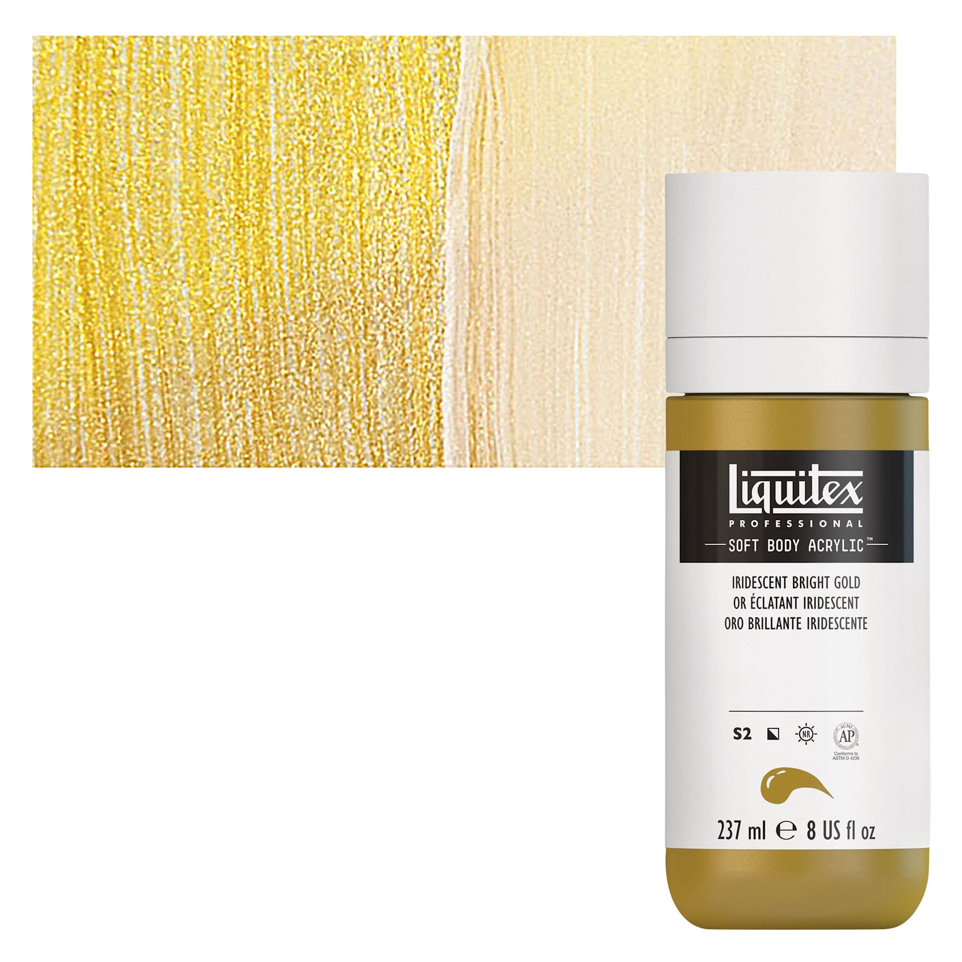 Liquitex Soft Body Artist Acrylic - Iridescent Bright Gold, 237 ml and swatch