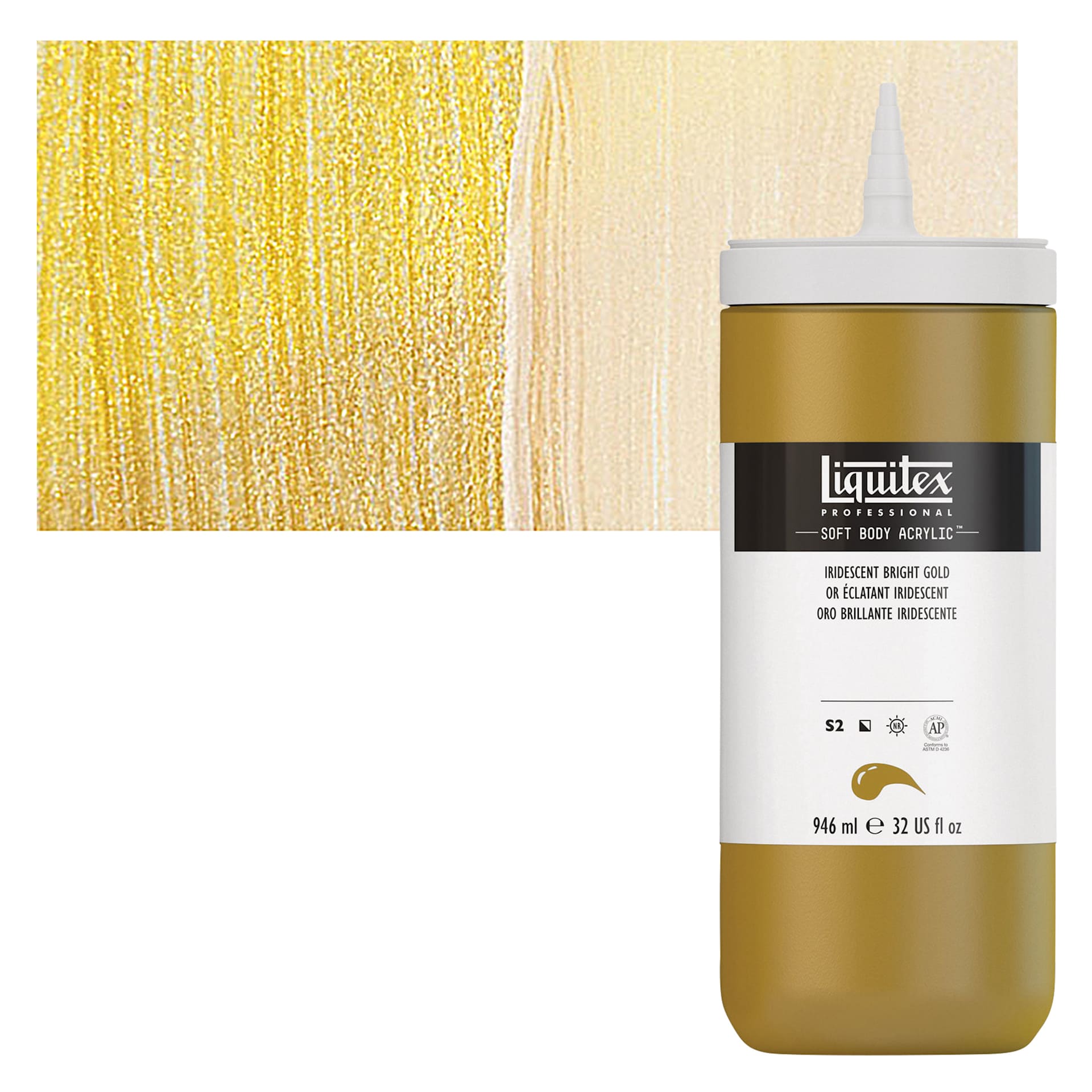 Liquitex Soft Body Artist Acrylic - Iridescent Bright Gold, 946 ml and swatch